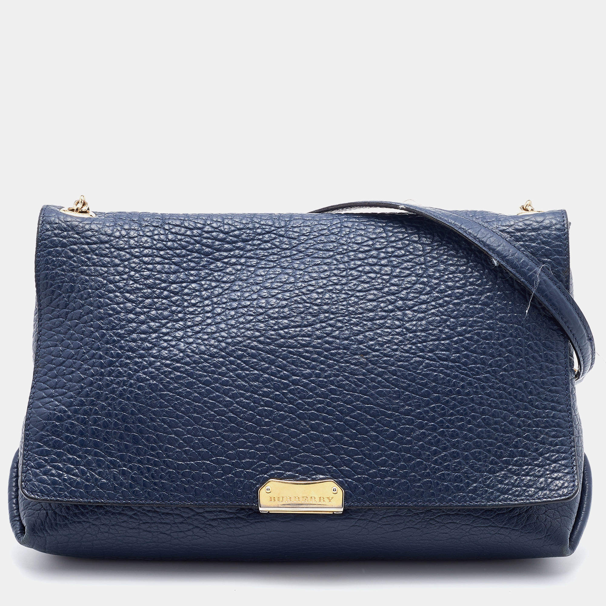 مملوكة مسبقًا Burberry Navy Blue Leather Large Mildenhall Flap Shoulder Bag