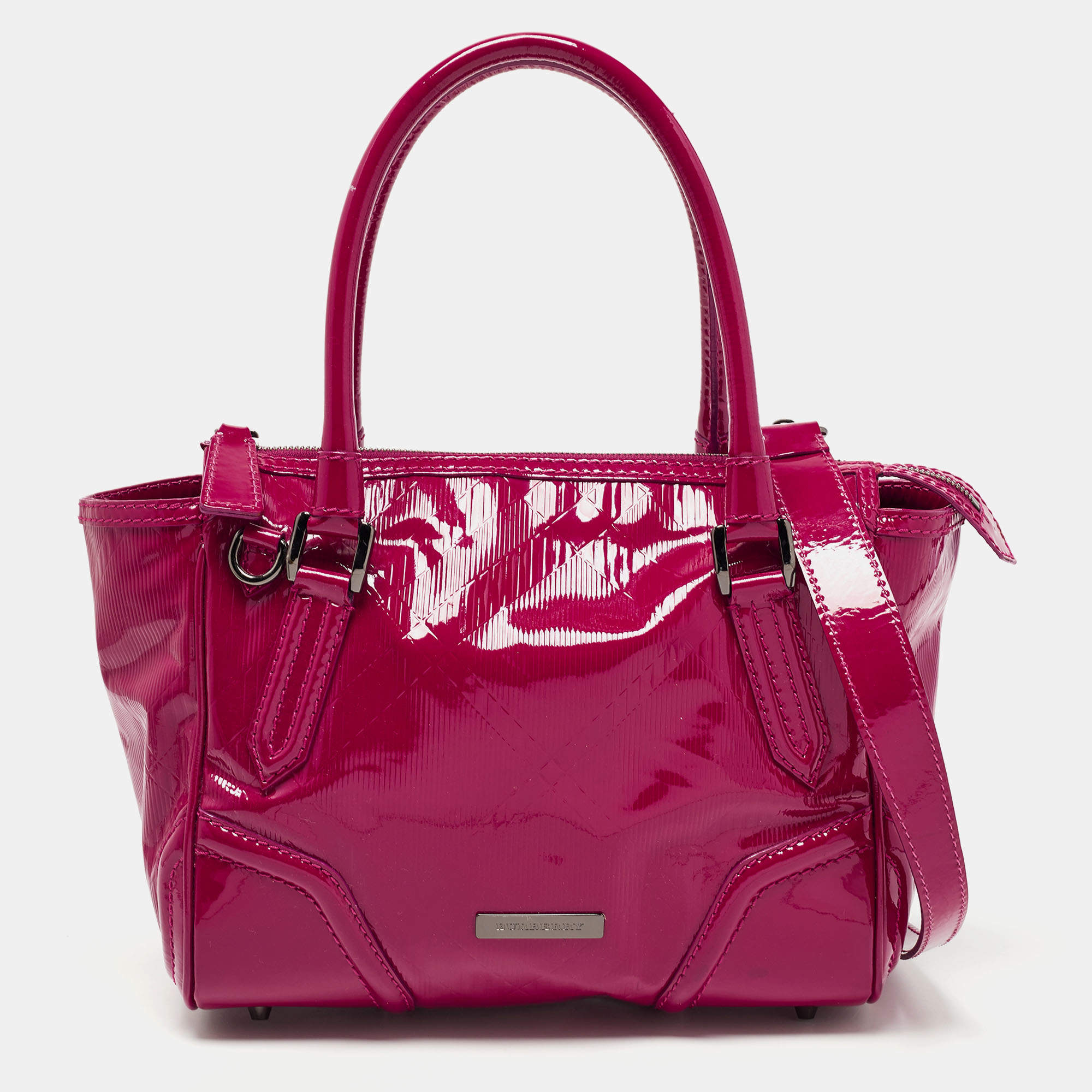 Pre Owned Burberry Fuchsia Check Embossed Patent Leather Tote