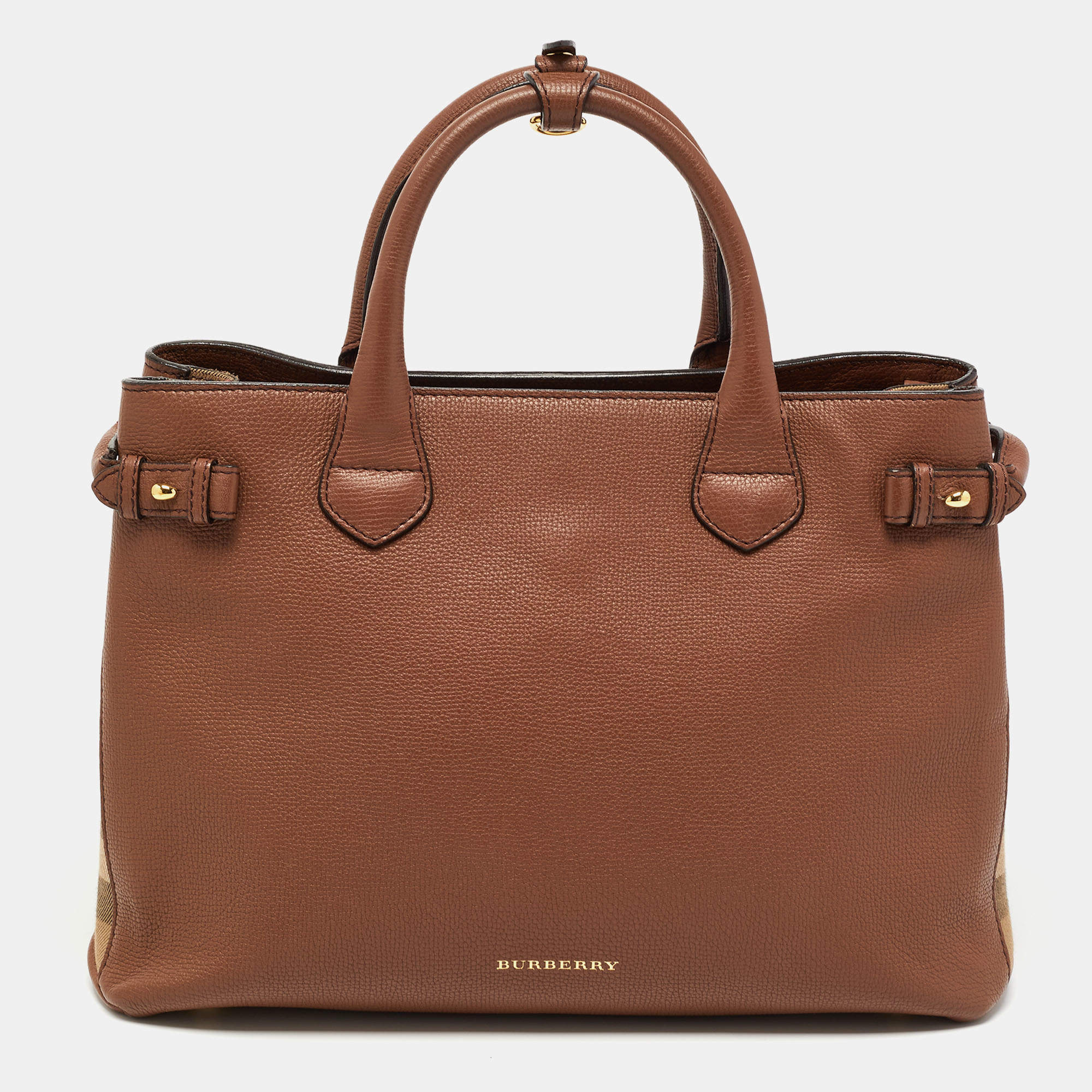 Pre Owned Burberry Beige Leather and House Check Fabric Medium Banner Tote