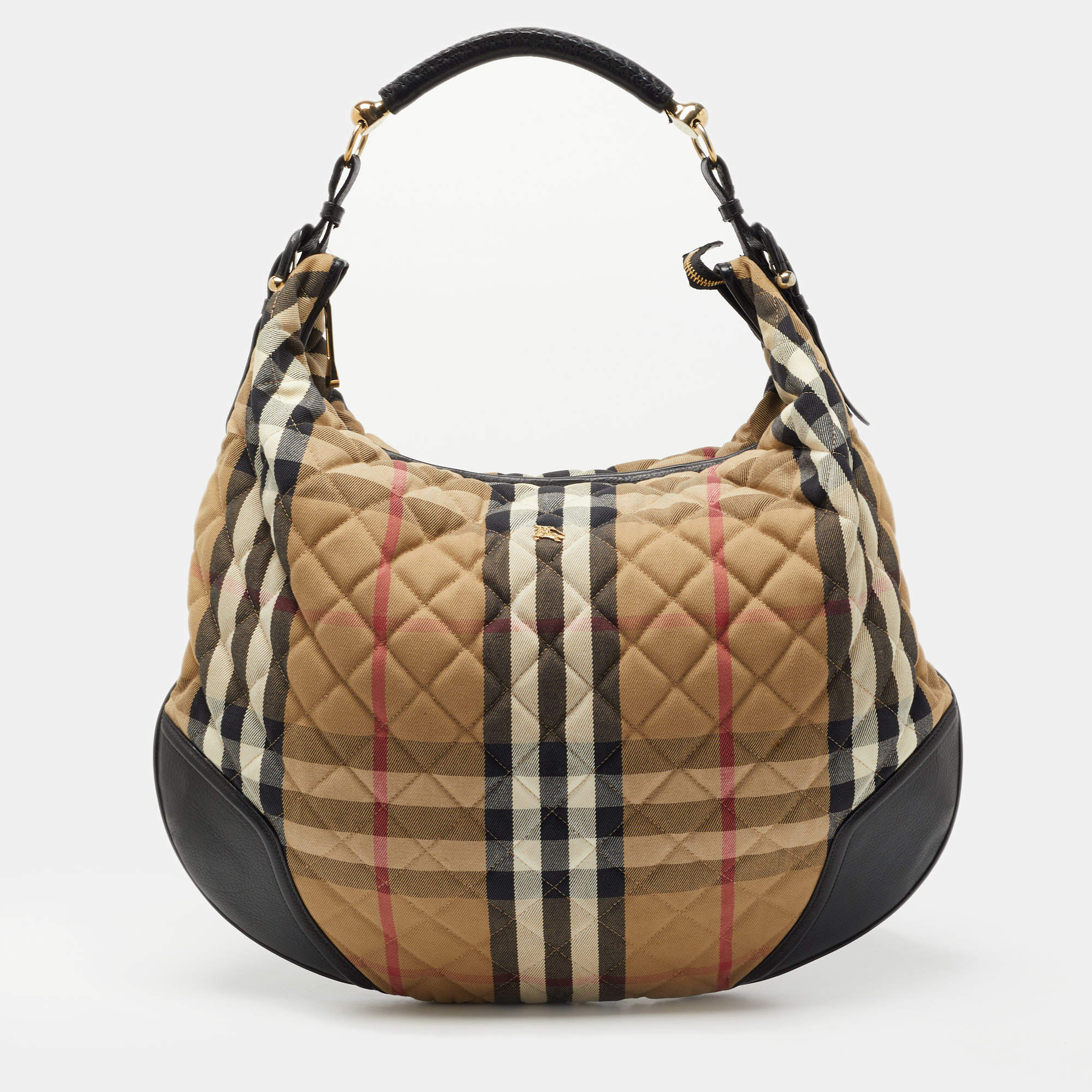 Pre Owned Burberry Beige/Black House Check Fabric and Leather Oversize Hoxton Hobo