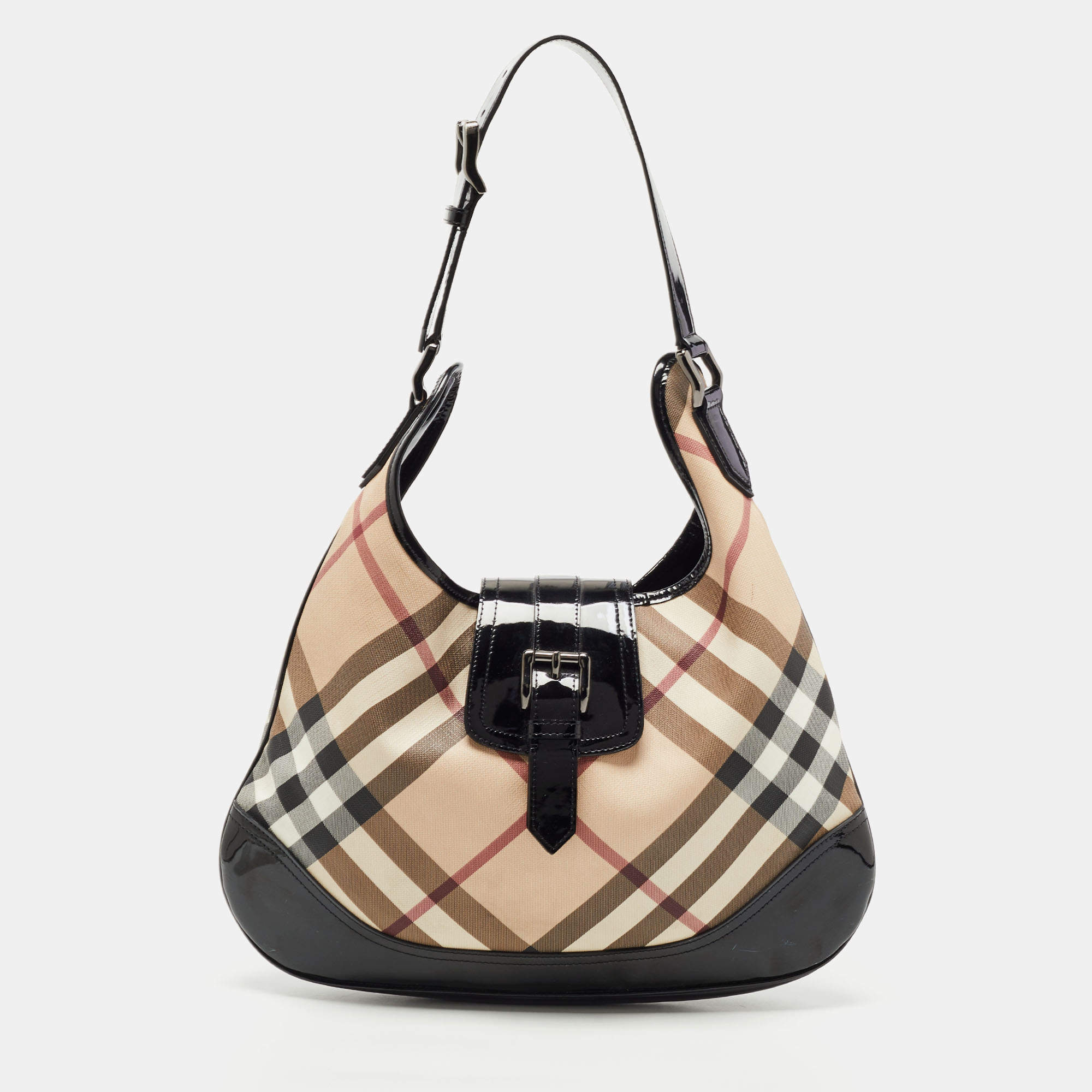 Pre Owned Burberry Black/Beige Nova Check PVC and Patent Leather Brooke Hobo