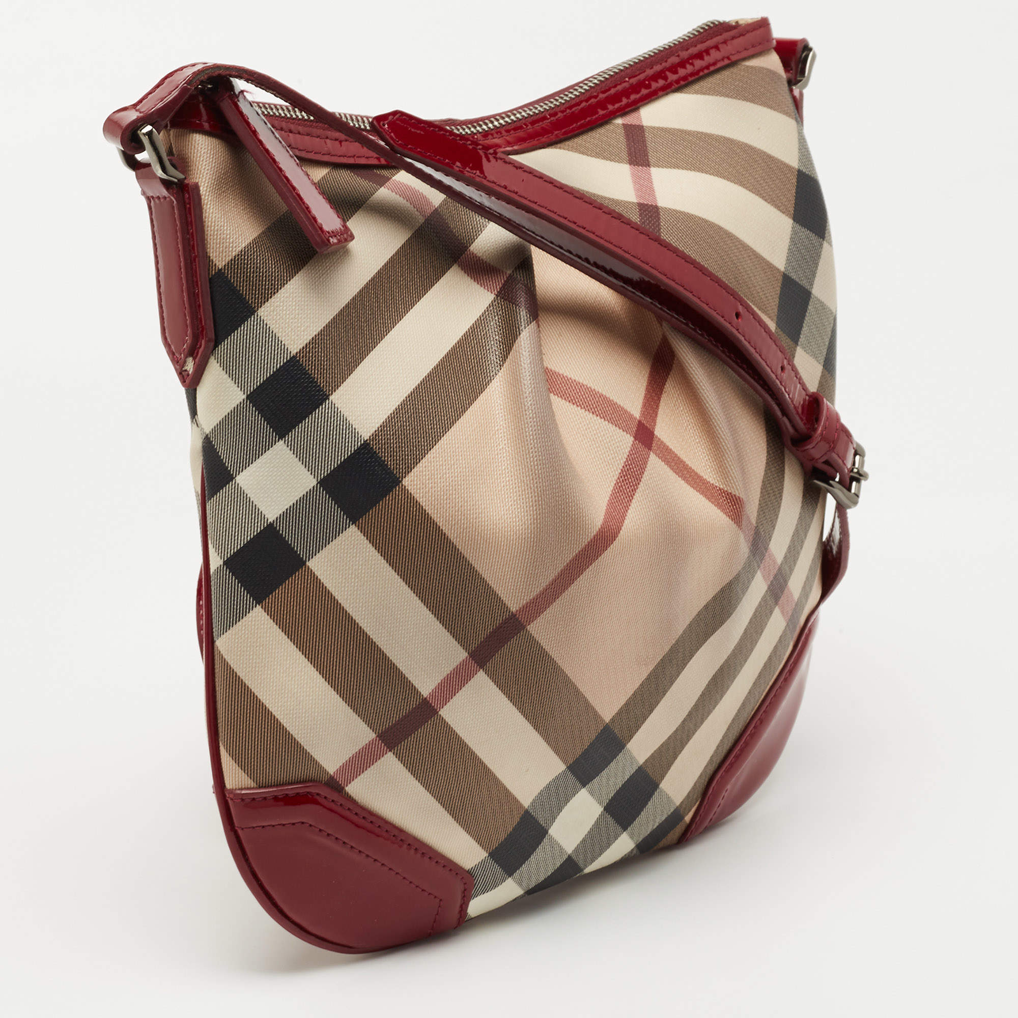 Burberry Beige/Maroon Nova Check Coated Canvas and Patent Leather Dryden Crossbody  Bag Burberry