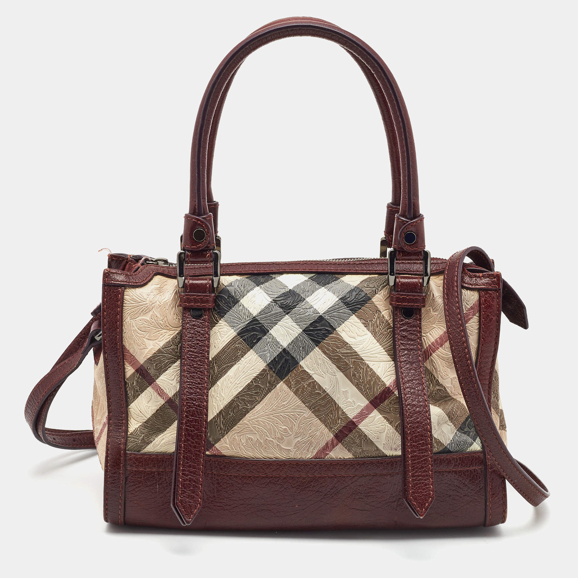 مملوكة مسبقًا Burberry Dark Red/Beige Nova Check Floral Embossed PVC and Leather Satchel