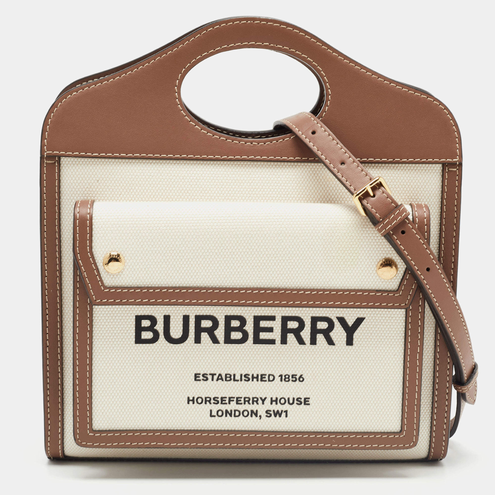 Burberry Brown/Cream Canvas and Leather Mini Pocket Tote Burberry | TLC