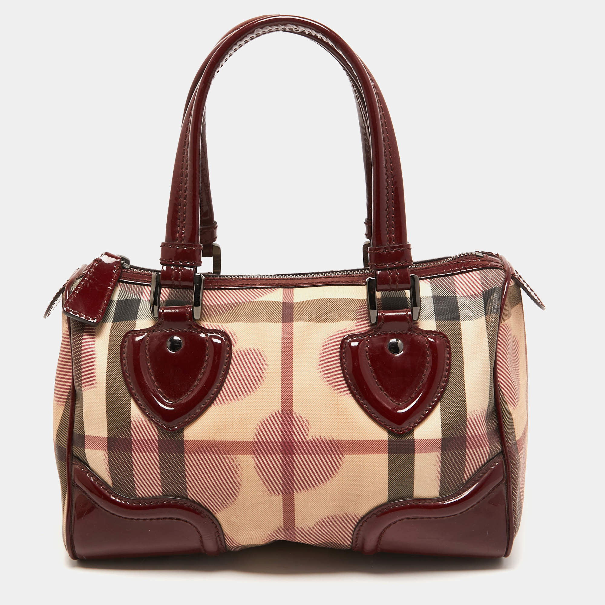 Pre Owned Burberry Red House Check PVC and Patent Leather Hearts Pilgrim Satchel