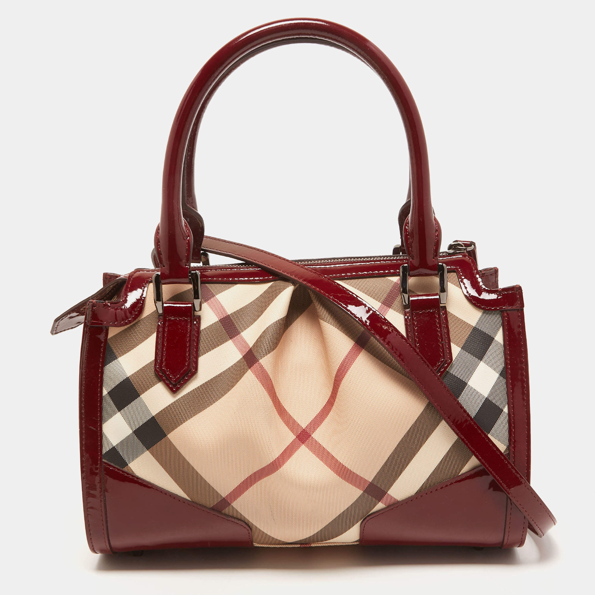 Pre Owned Burberry Burgundy/Beige Nova Check PVC Barrel Bowling Bag