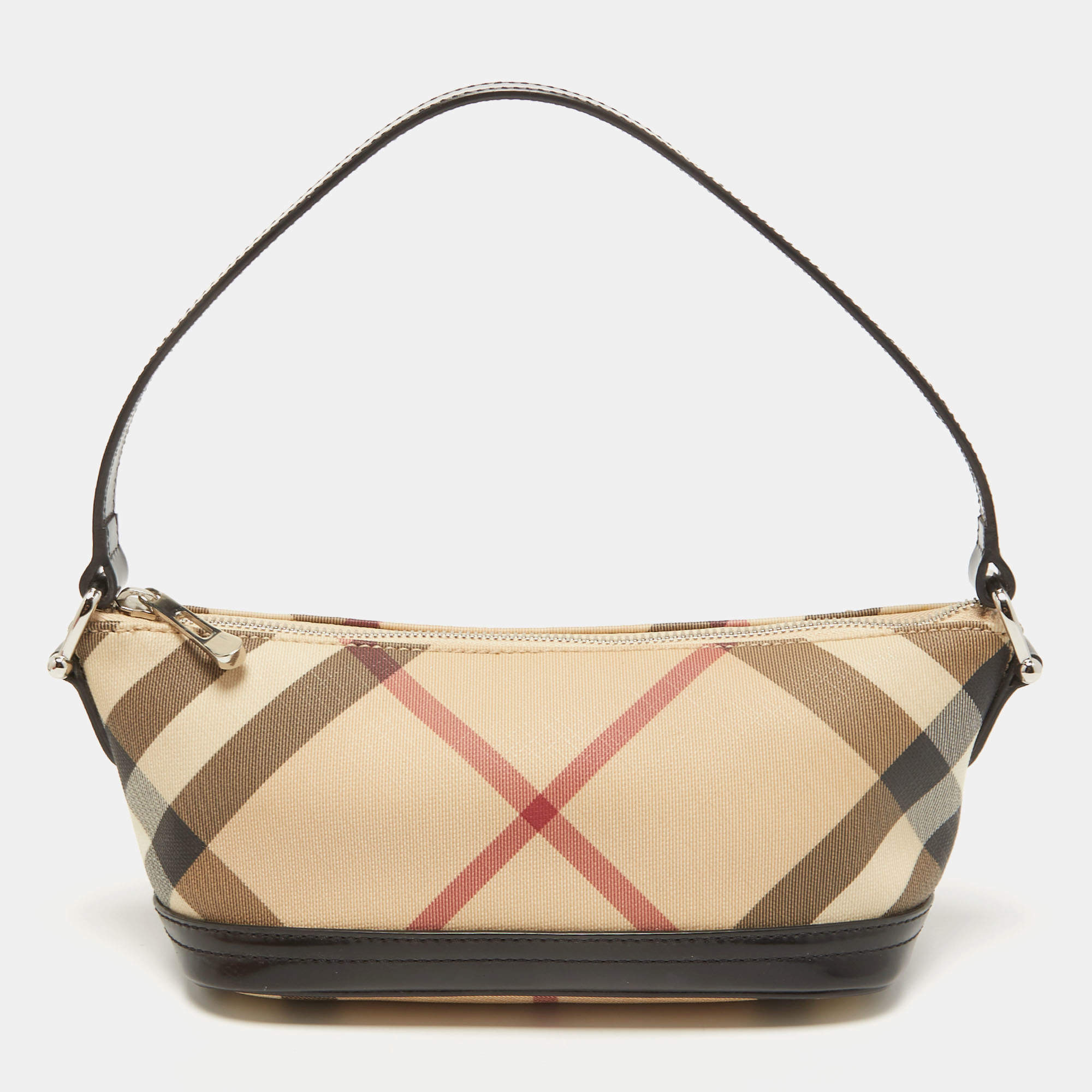 Burberry Black/Beige Nova Check PVC and Glossy Leather Pochette Bag