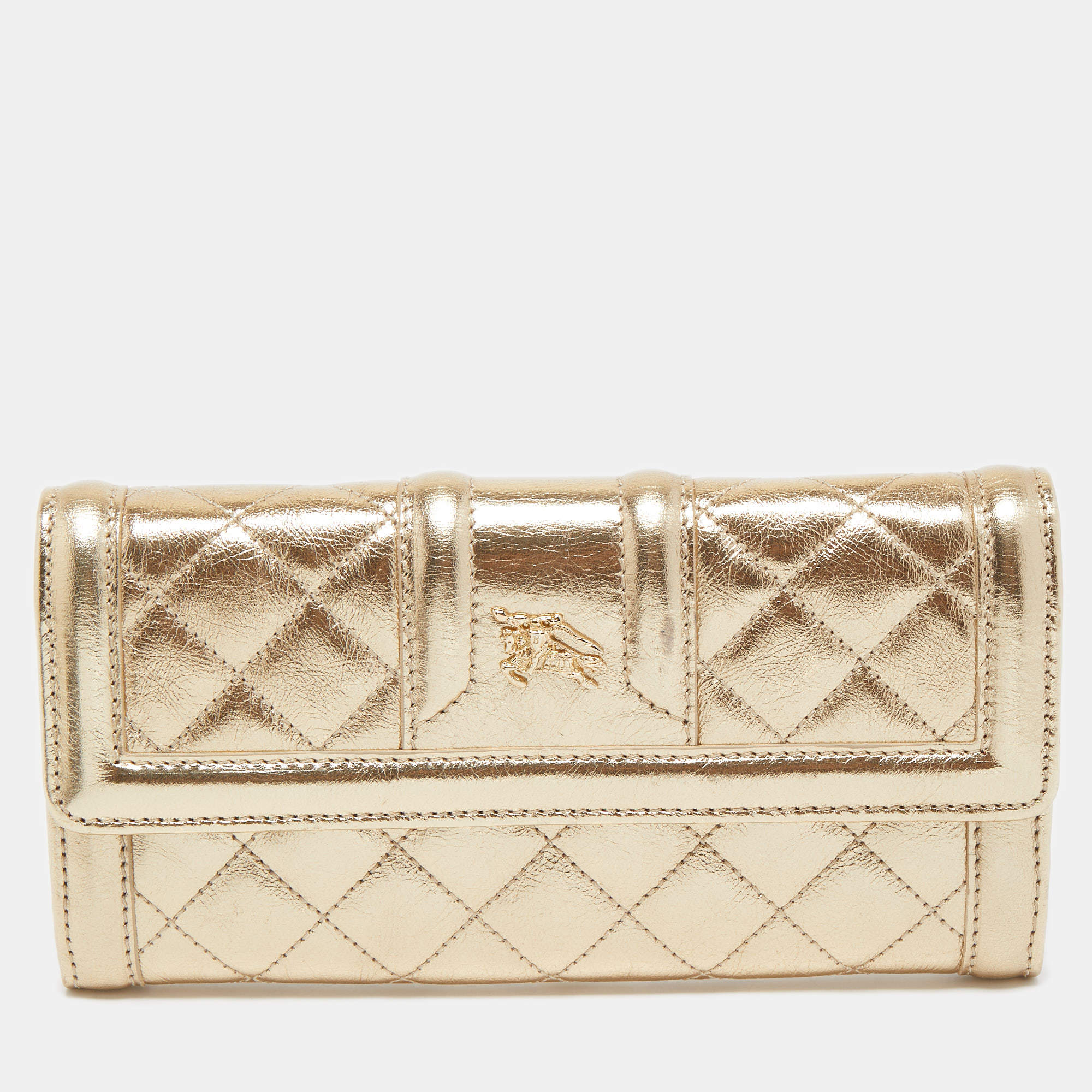 Pre Owned Burberry Gold Quilted Leather Flap Continental Wallet