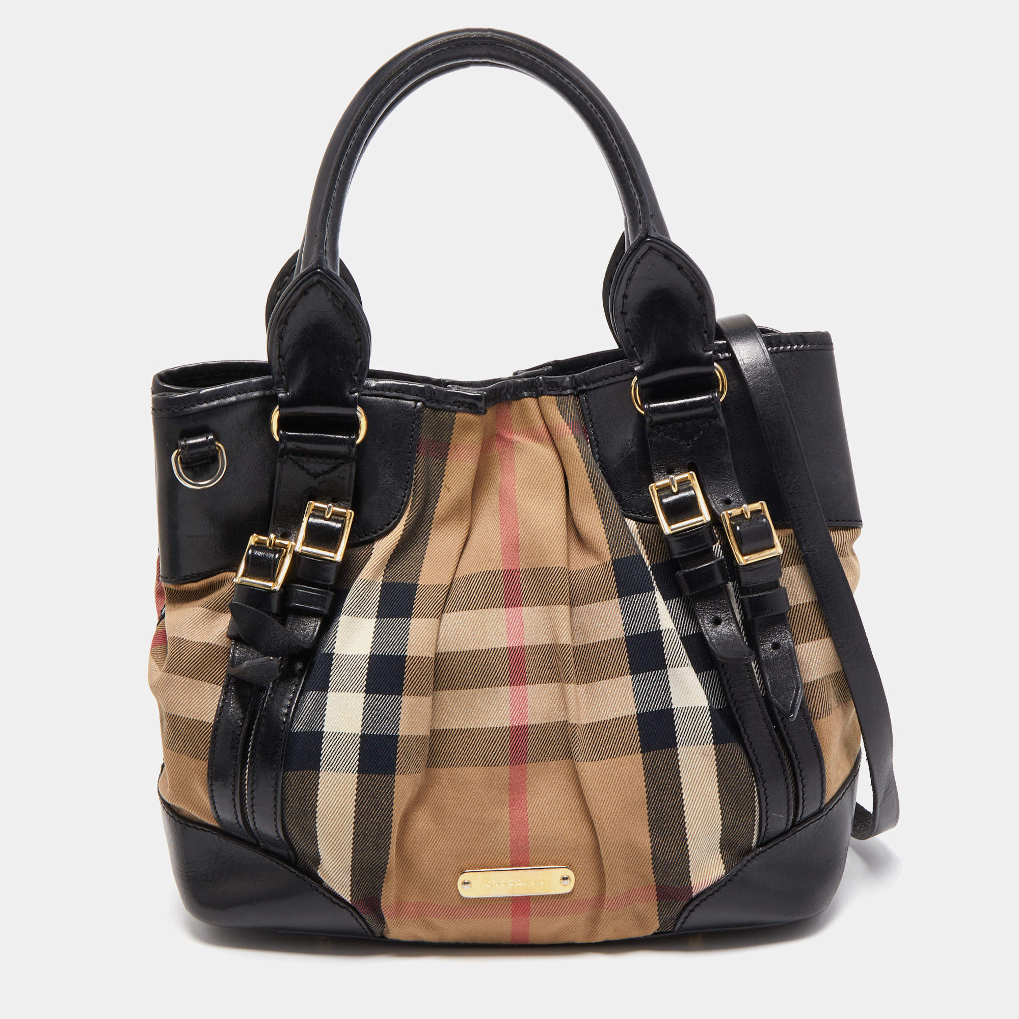 Pre Owned Burberry Black/Beige House Check Canvas and Leather Bridle Tote