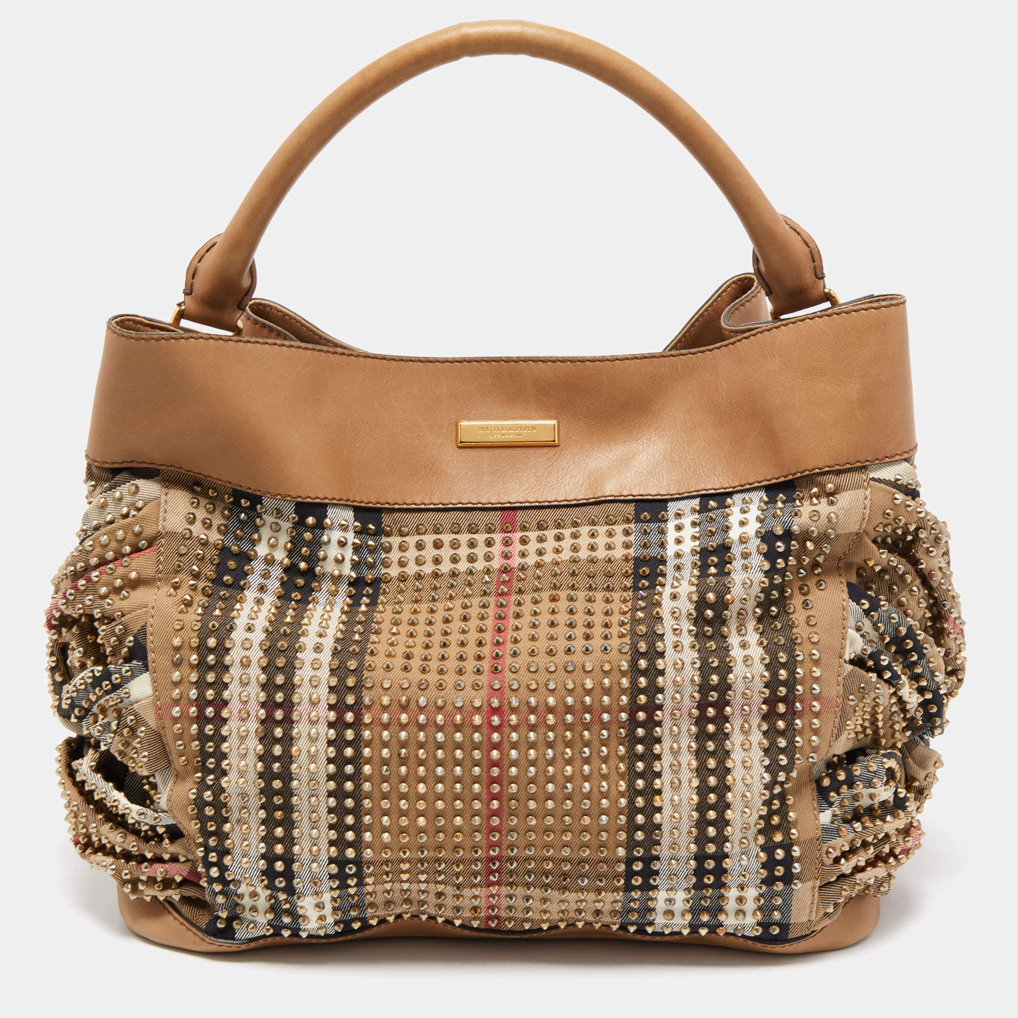 Pre Owned Burberry Beige House Check Canvas and Leather Pleated Studded Hobo