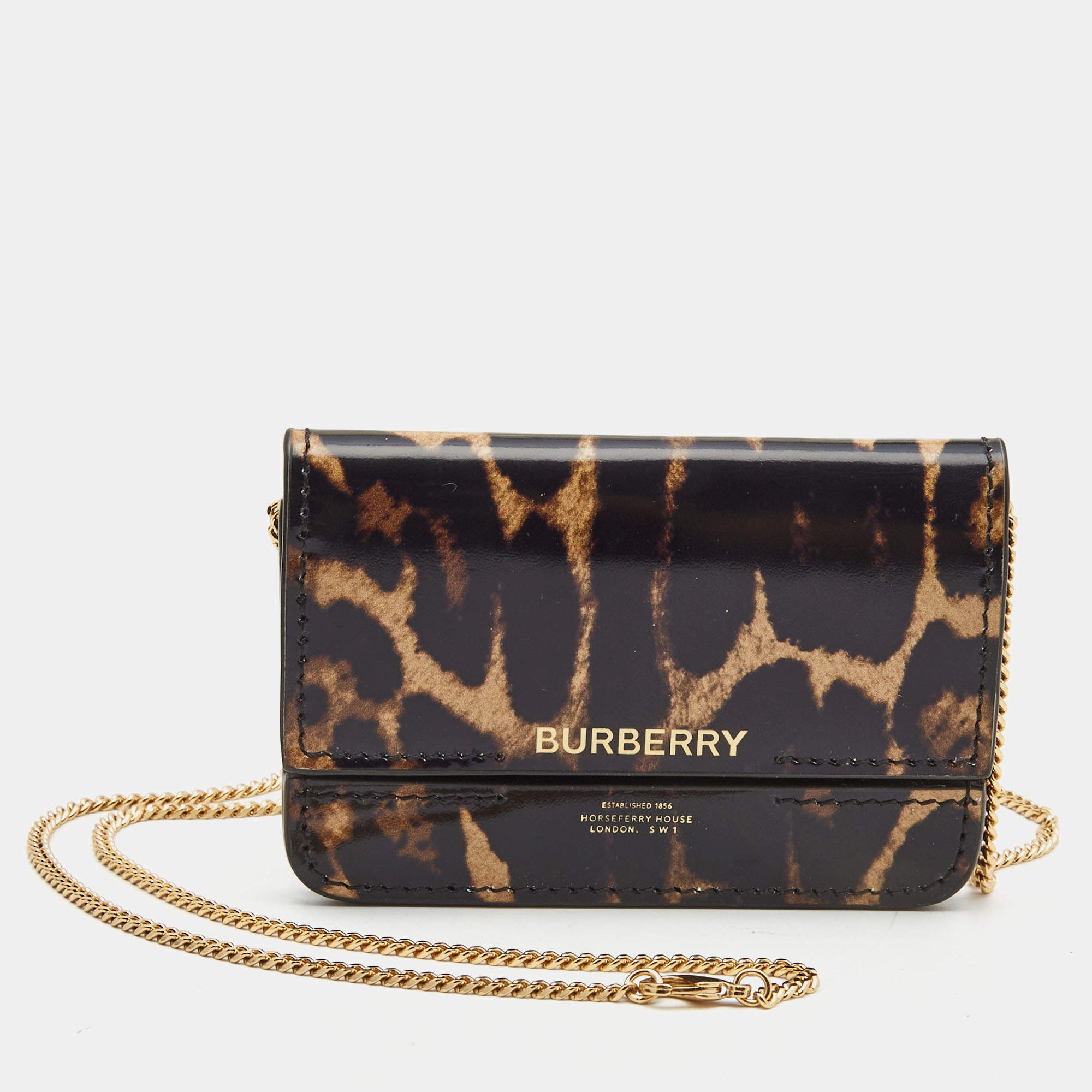 Pre Owned Burberry Black/Brown Leopard Print Leather Jody Chain Card Case