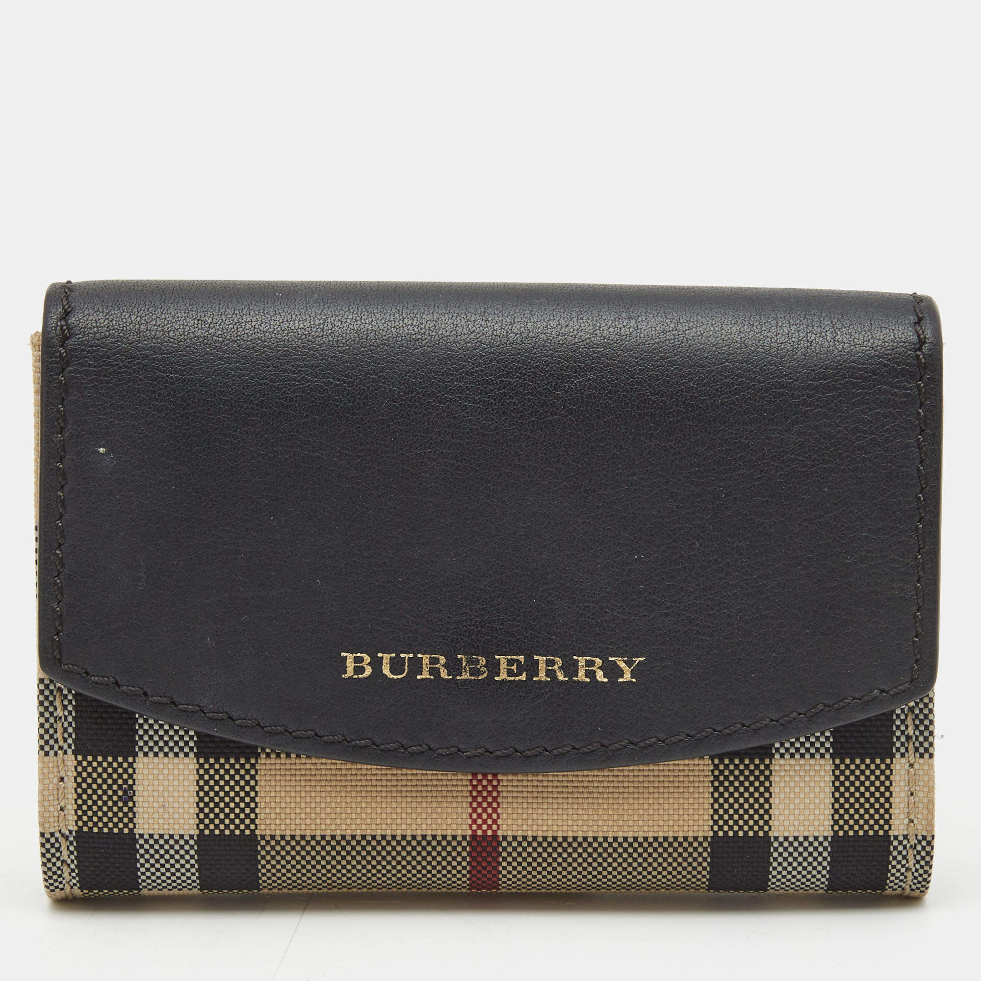 Burberry Black/Beige Housecheck Nylon and Leather Flap Compact Wallet
