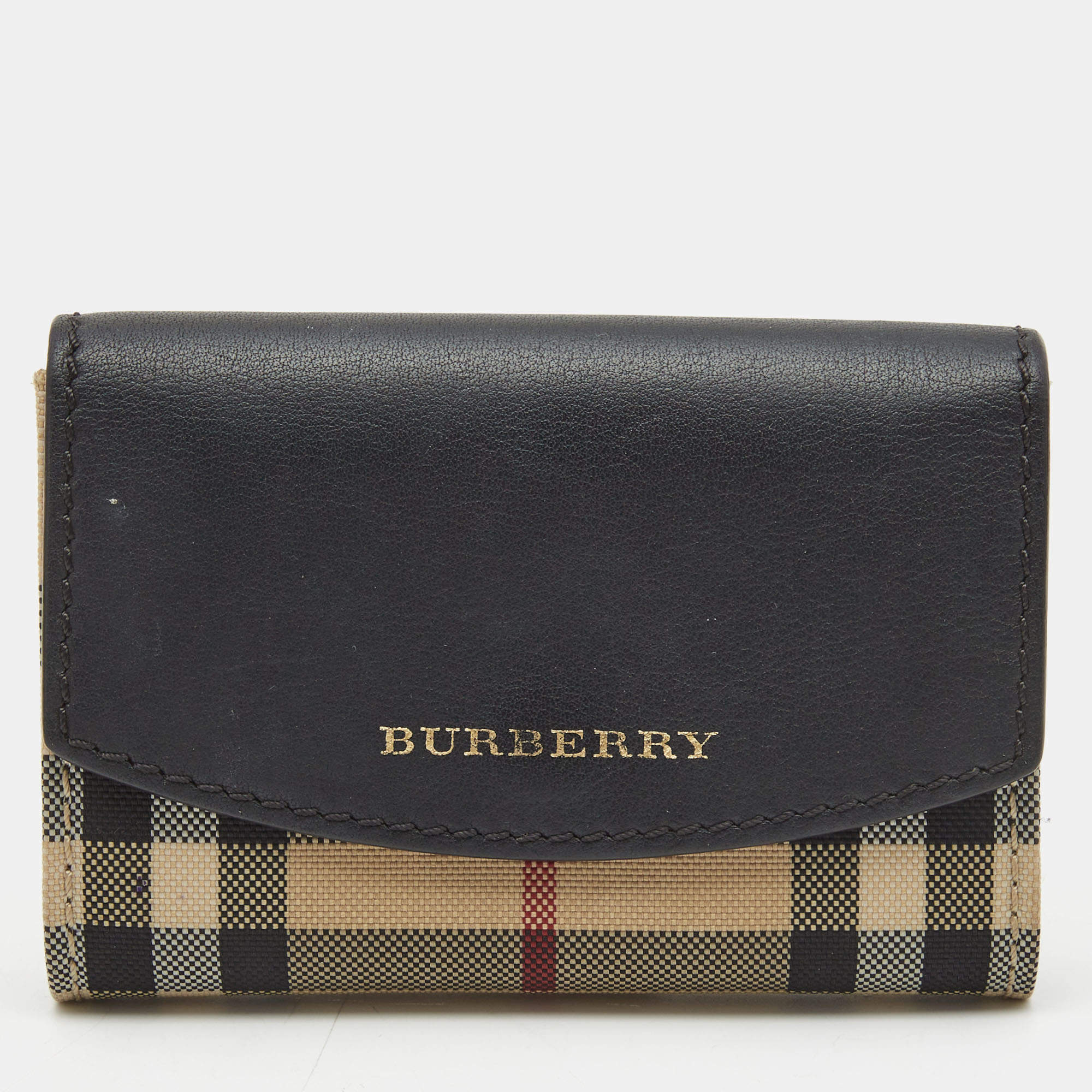 Pre Owned Burberry Black/Beige Housecheck Nylon and Leather Flap Compact Wallet