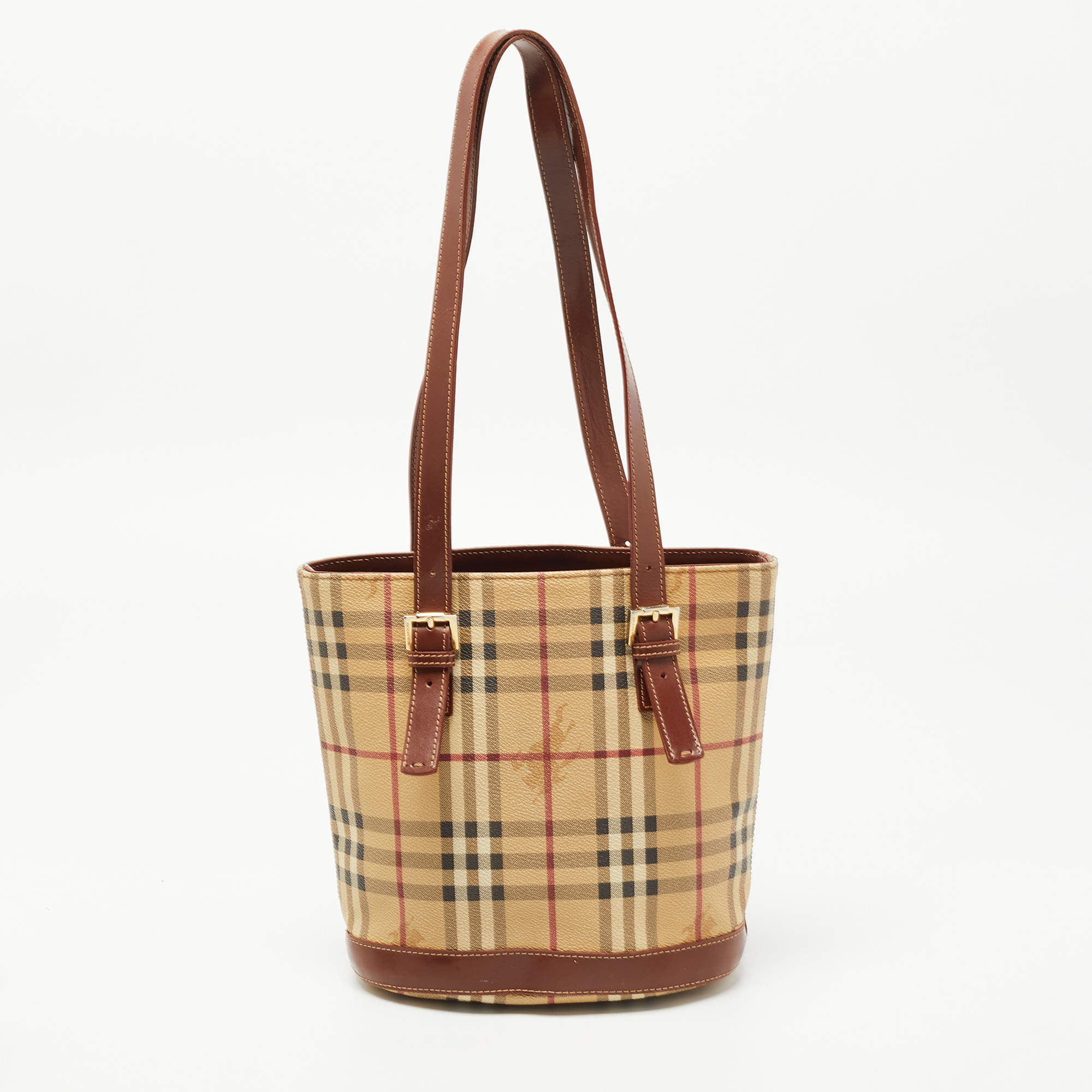 Pre Owned Burberry Beige/Brown Haymarket Coated Canvas and Leather Bucket Bag