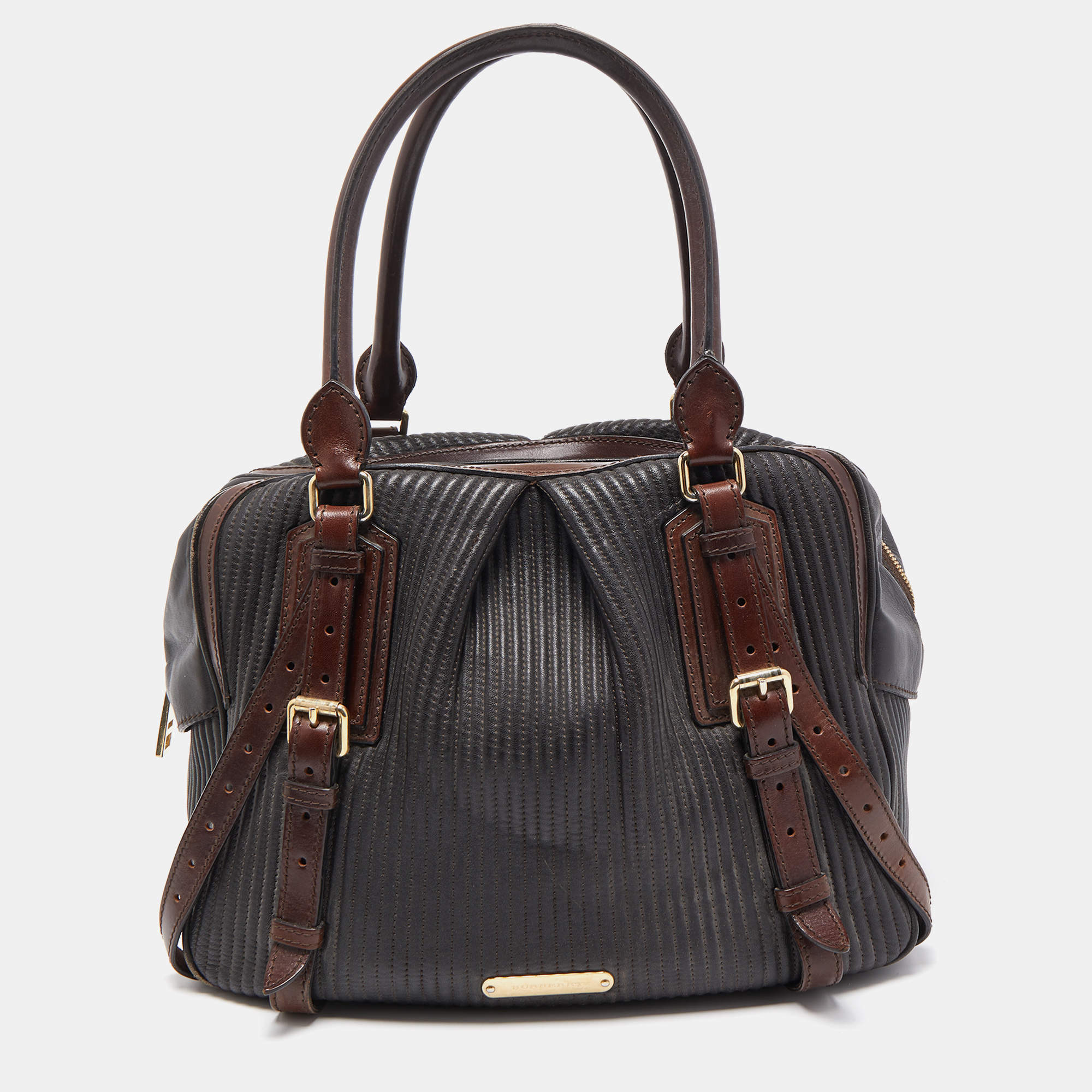 مملوكة مسبقًا Burberry Dark Brown Pleated Leather Satchel