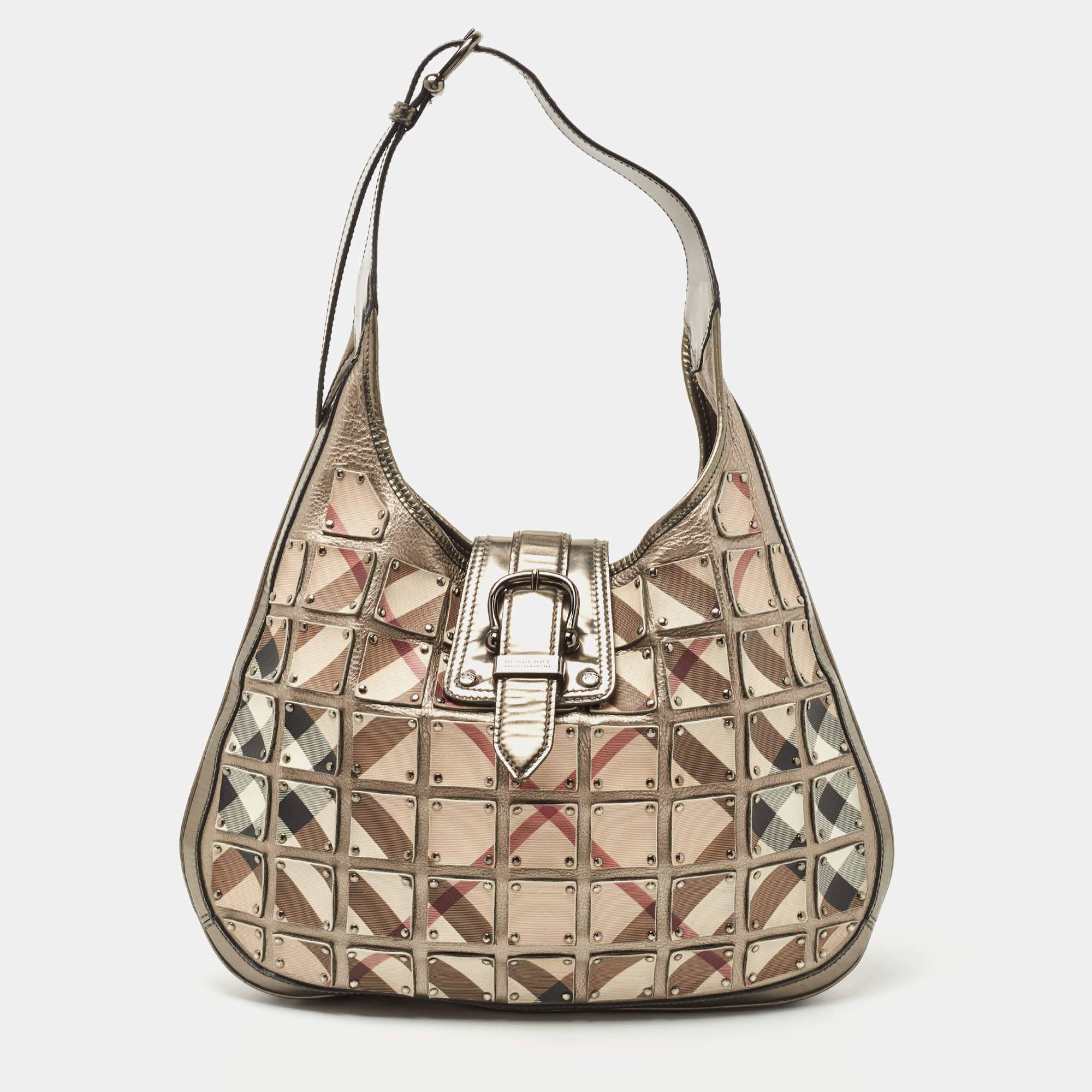 Pre Owned Burberry Gun Metal/Beige Nova Check Vinyl and Leather Brooke Warrior Hobo