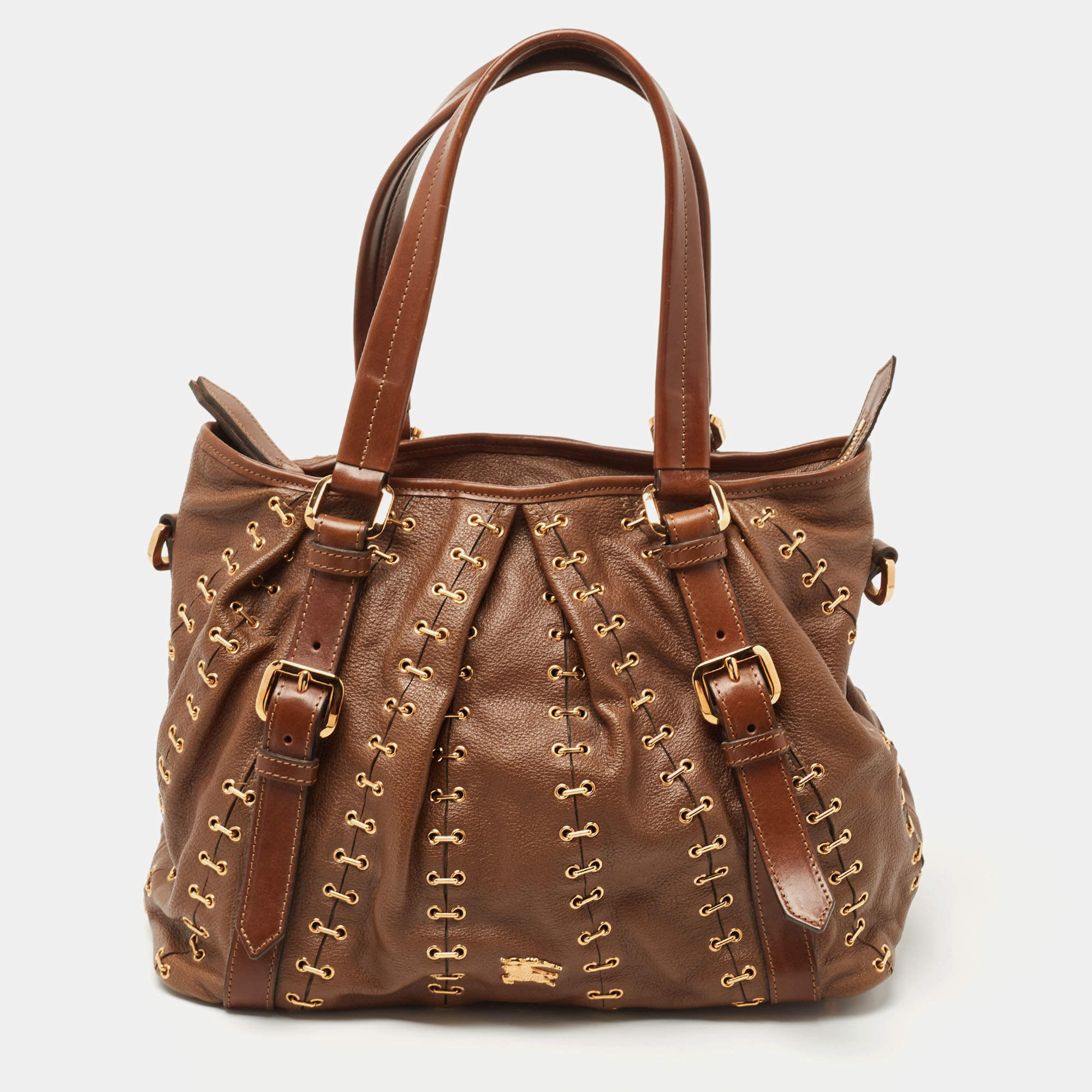 Pre Owned Burberry Brown Two Tone Leather Metal Stitch Lowry Tote