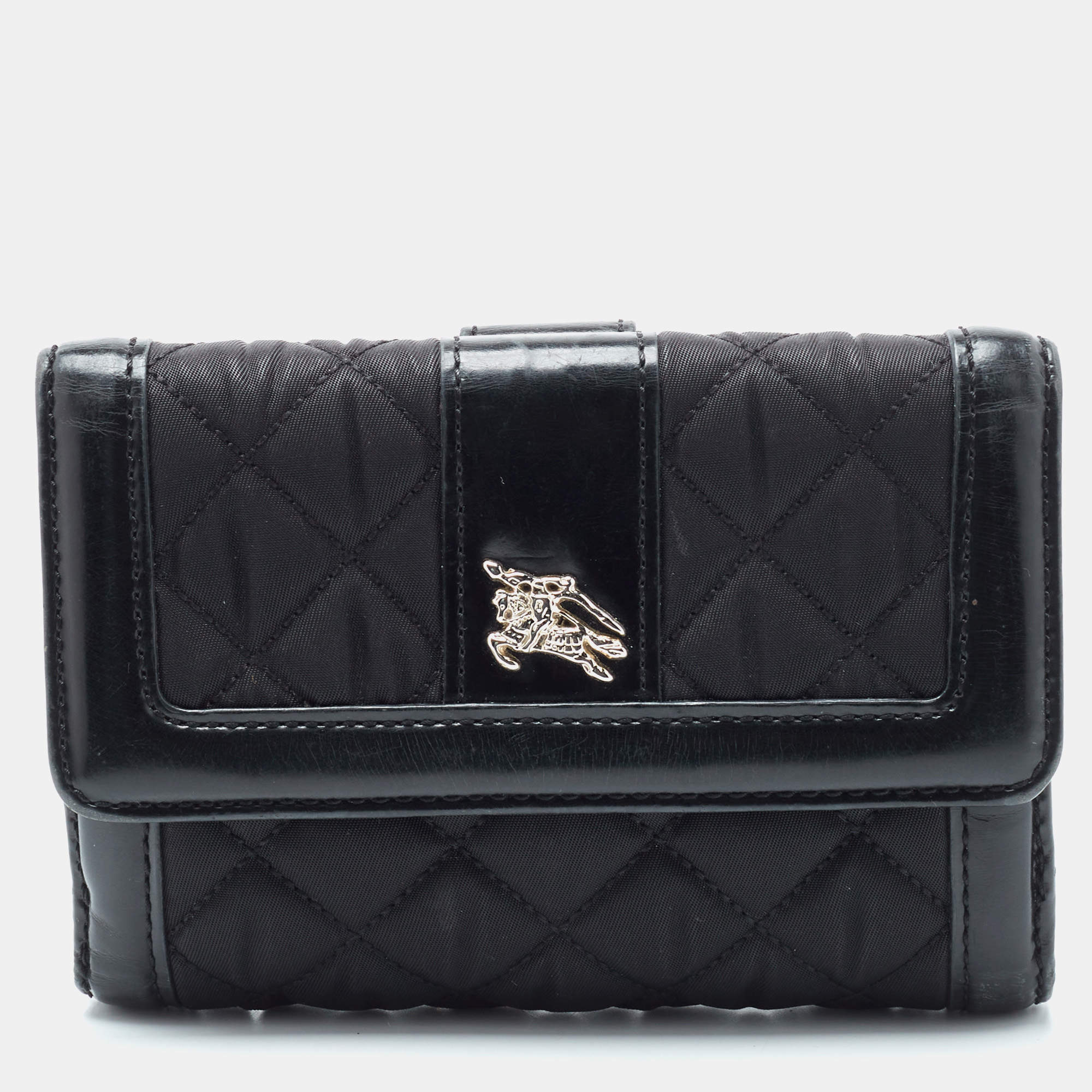 Pre Owned Burberry Black Nylon and Leather Compact Wallet