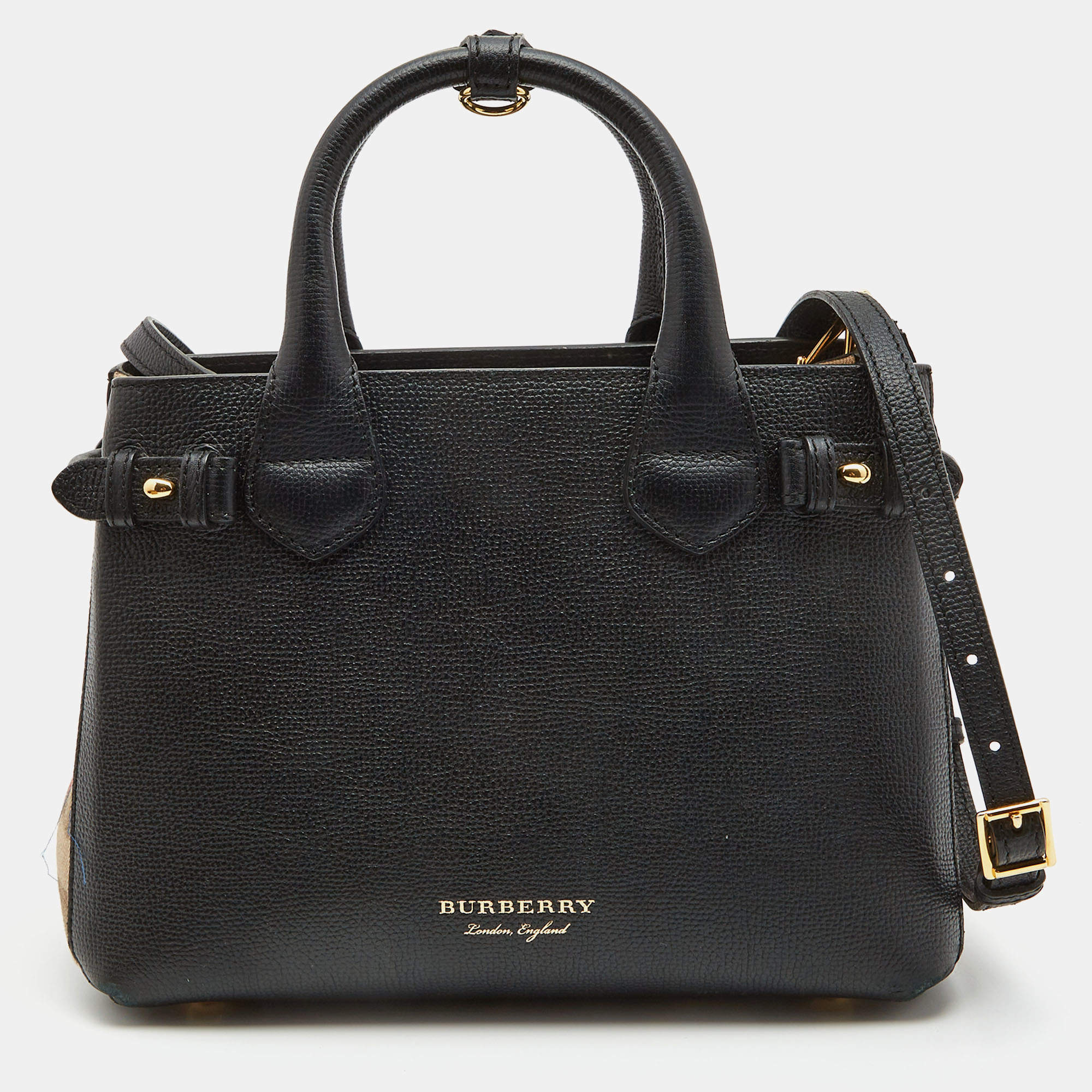 Pre Owned Burberry Black/Beige Leather and House Check Fabric Small Banner Tote