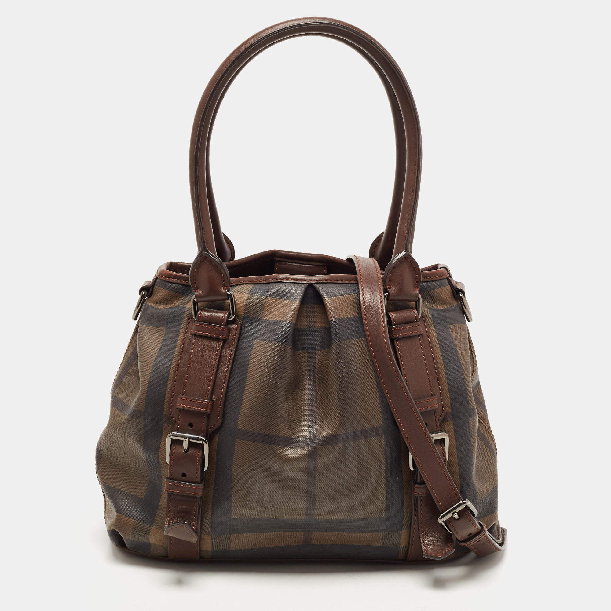 Pre Owned Burberry Dark Brown Smoke Check PVC Small Northfield Tote
