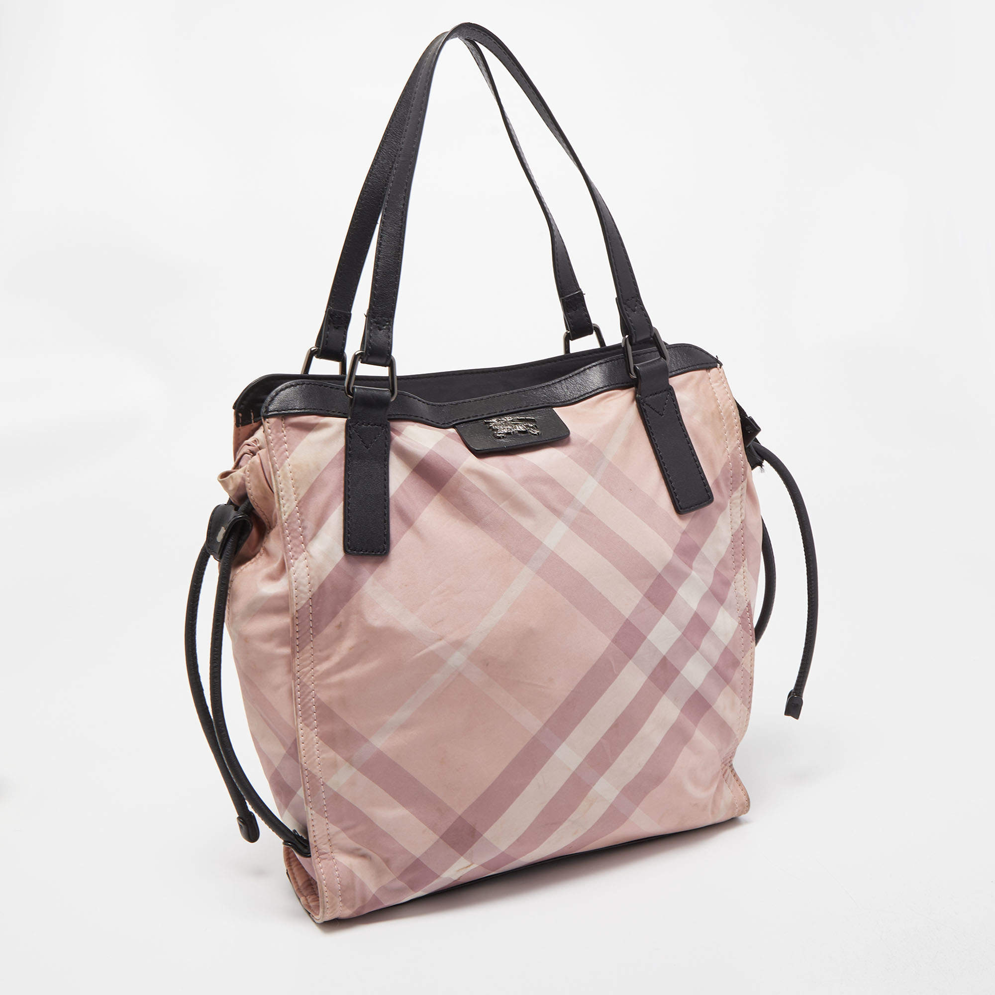 Burberry Pink Black Check Nylon and Leather Buckleigh Tote