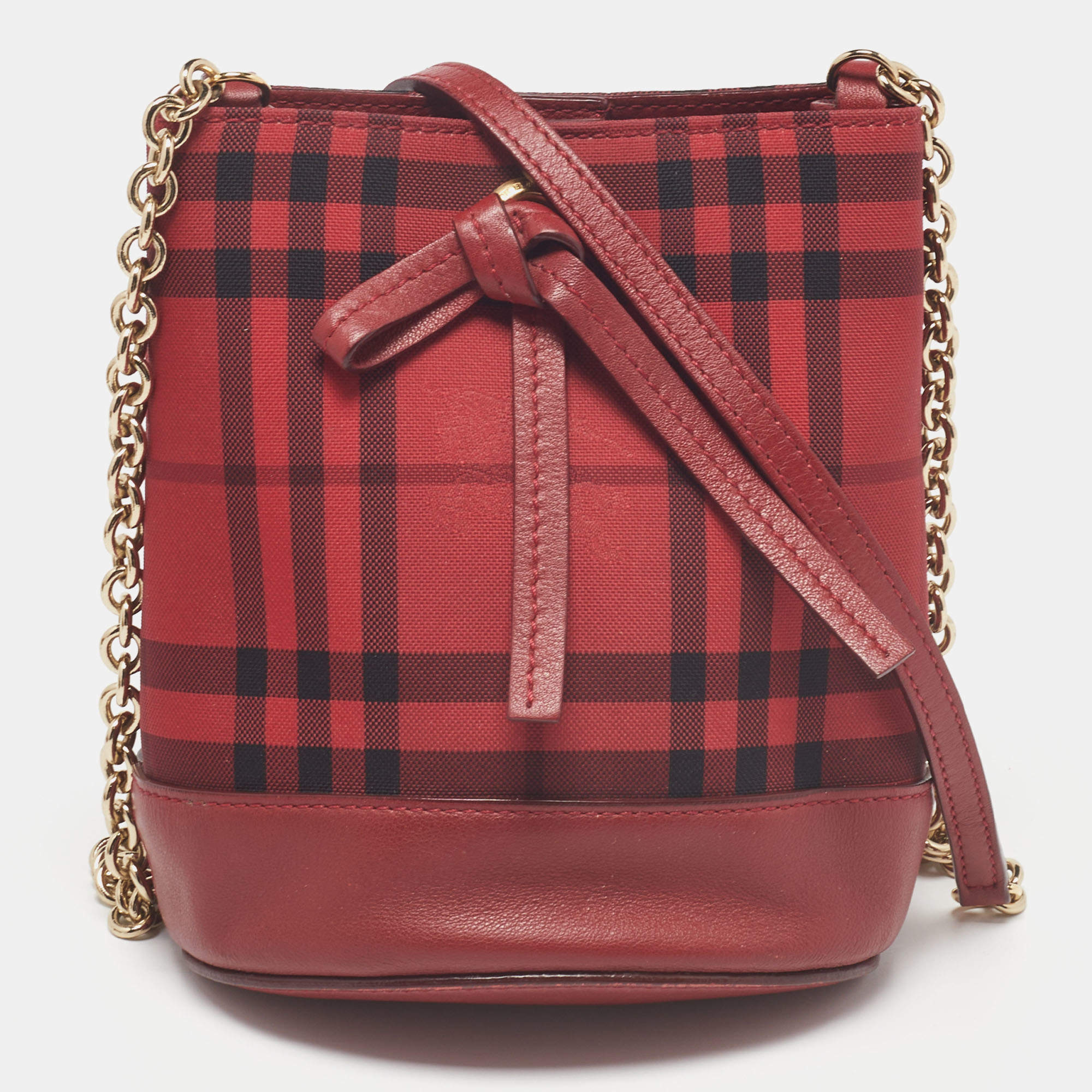 Pre Owned Burberry Red Haymarket Check Canvas and Leather Crossbody Bag