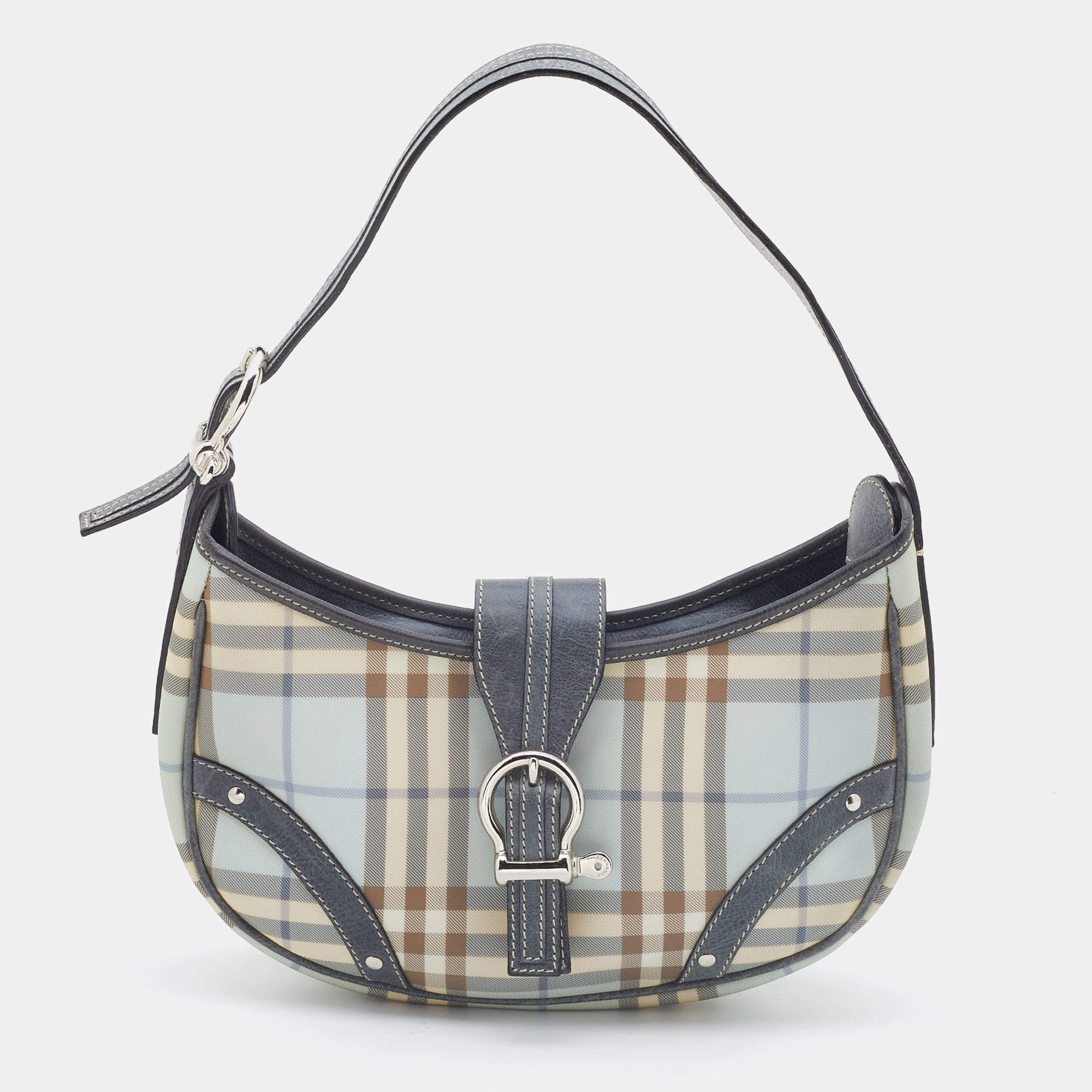 Pre Owned Burberry Blue/Grey Nova Check Coated Canvas and Leather Hobo