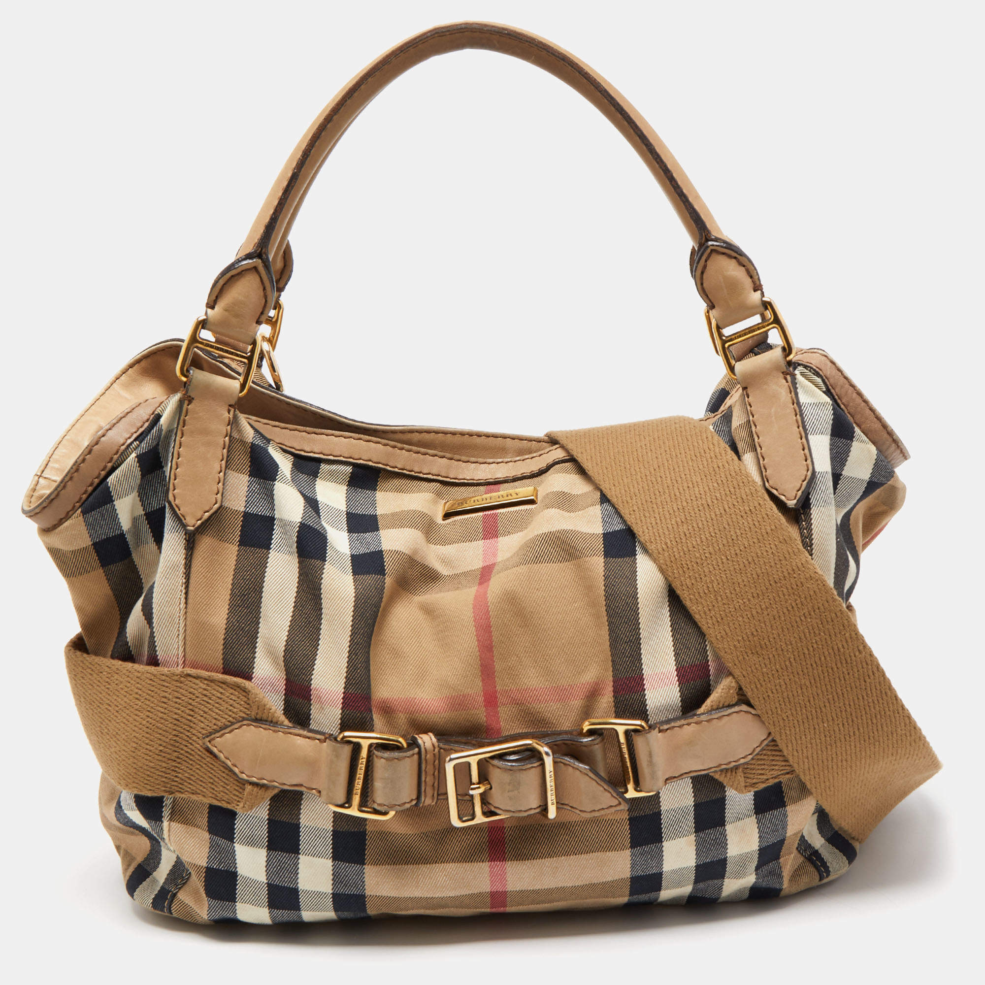 Pre Owned Burberry Beige House Check Canvas and Leather Large Parsons Hobo