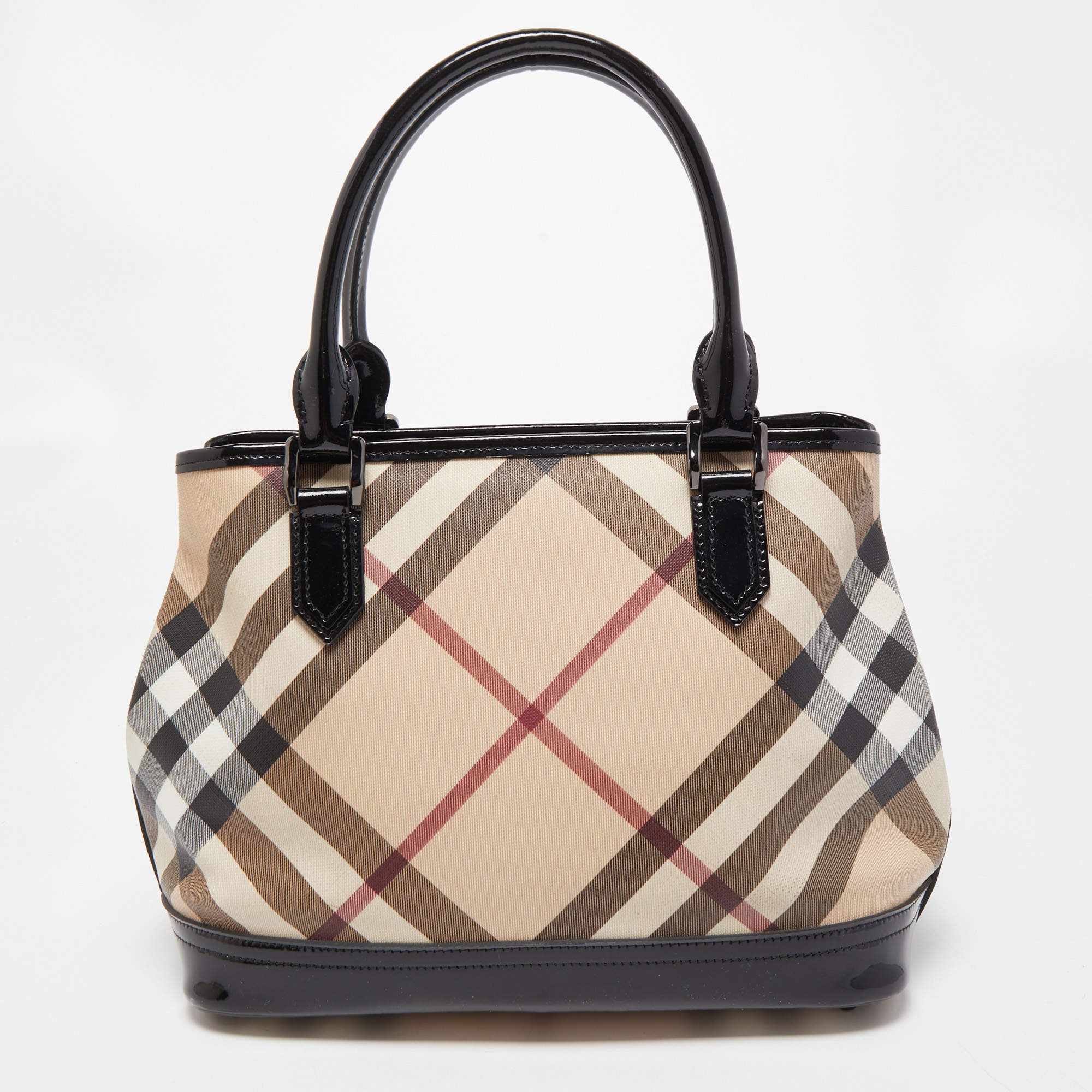 Pre Owned Burberry Black/Beige Nova Check PVC and Patent Leather Eden Tote