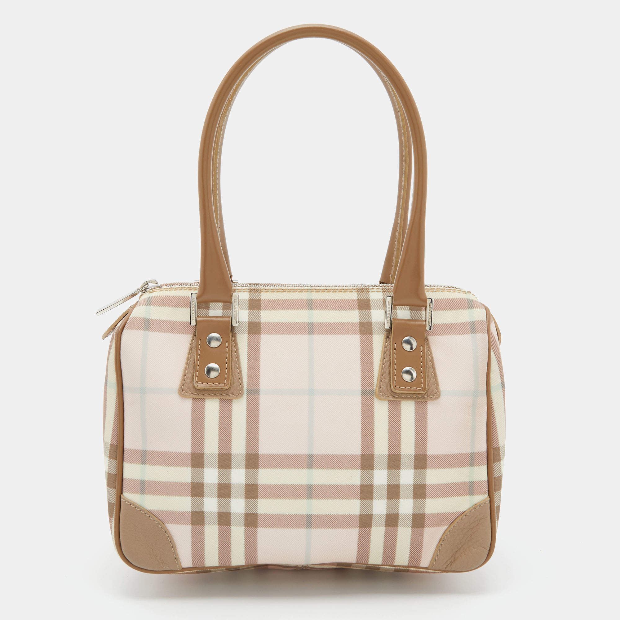 Pre Owned Burberry Pink/Beige House Check PVC and Leather Small Boston Bag