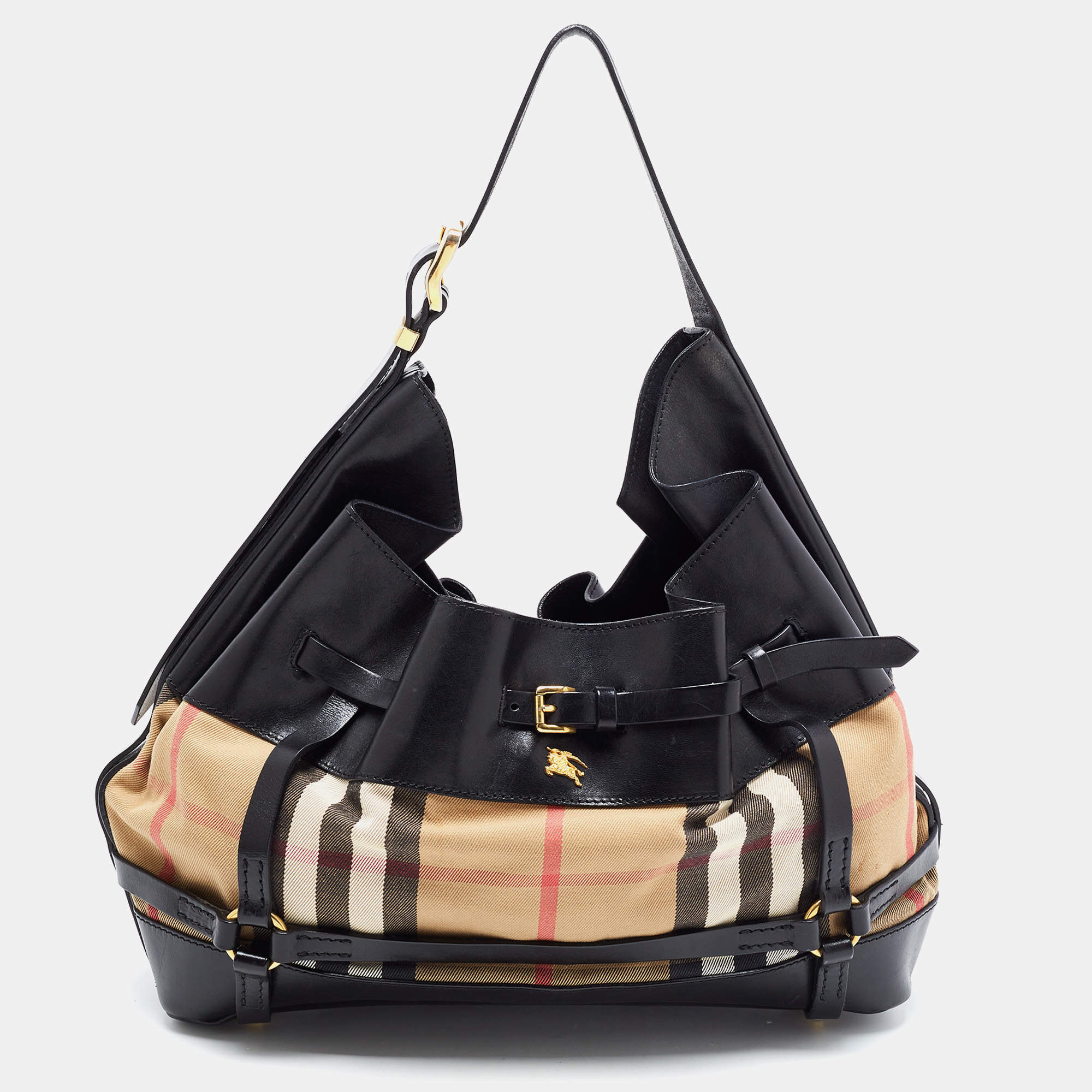 Pre Owned Burberry Black/Beige House Check Canvas and Leather Bridle Hobo