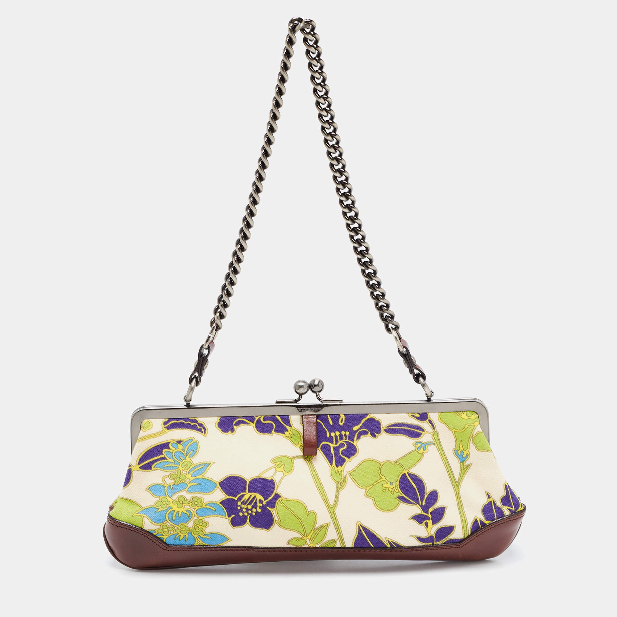 Burberry Multicolor Floral Printed Canvas and Leather Kisslock Frame Chain Clutch