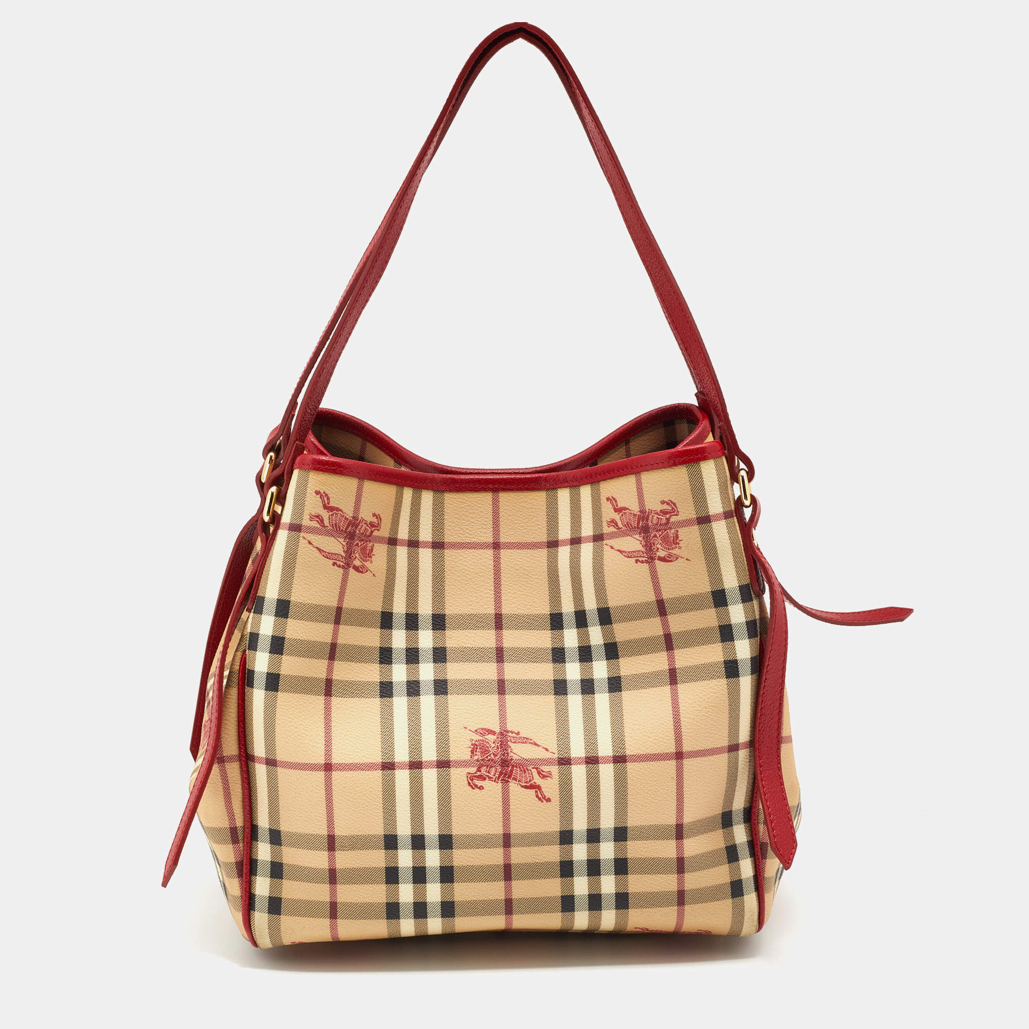 Pre Owned Burberry Beige/Red Haymarket Check PVC and Leather Small Canterbury Tote