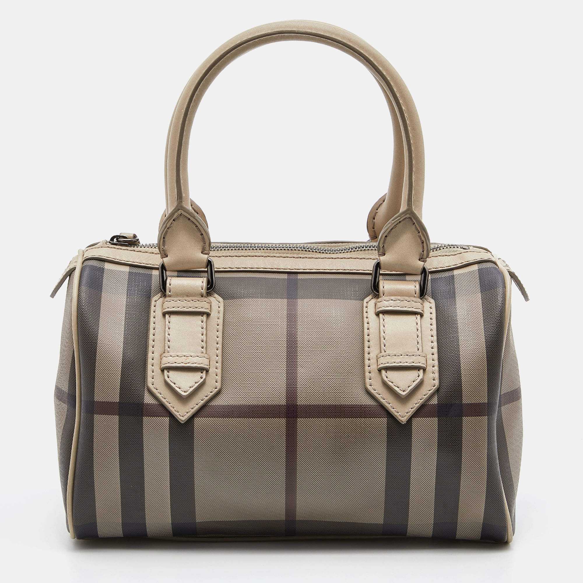 Pre Owned Burberry Beige Smoked Check PVC and Leather Chester Boston Bag