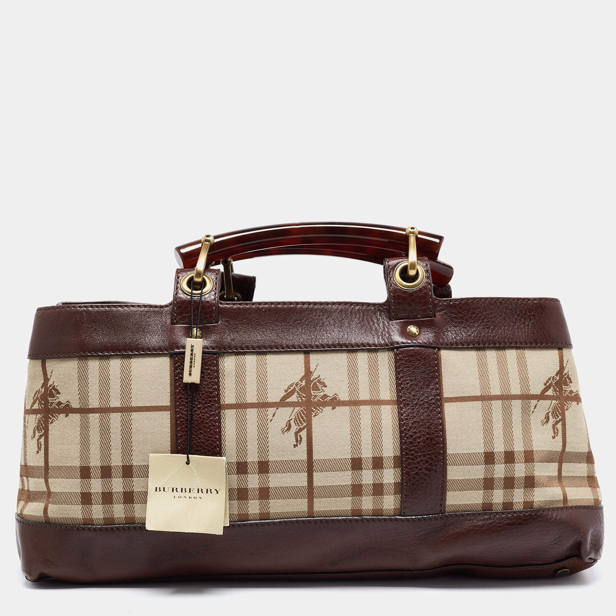 Burberry Brown/Beige Haymarket Check Canvas and Leather Middle Zip Tote