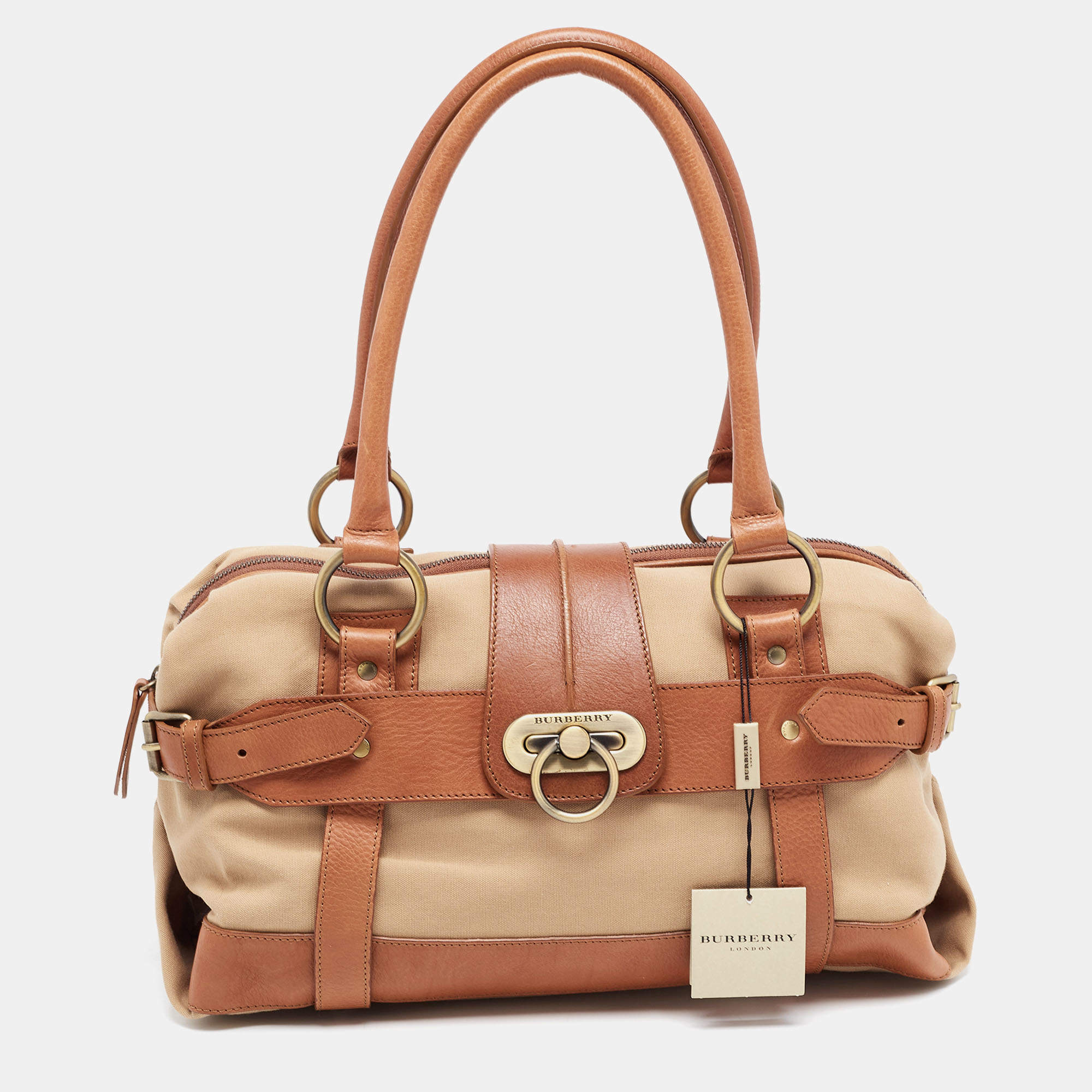 Pre Owned Burberry Brown/Beige Canvas and Leather Flap Satchel