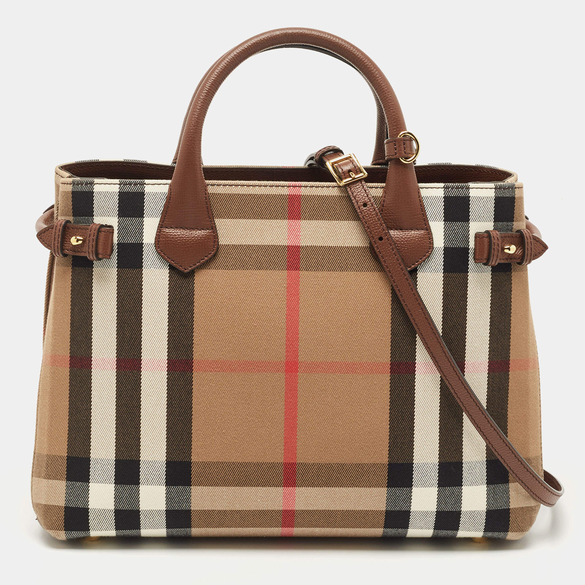 Burberry Brown/Beige House Check Fabric and Leather Medium Banner Tote
