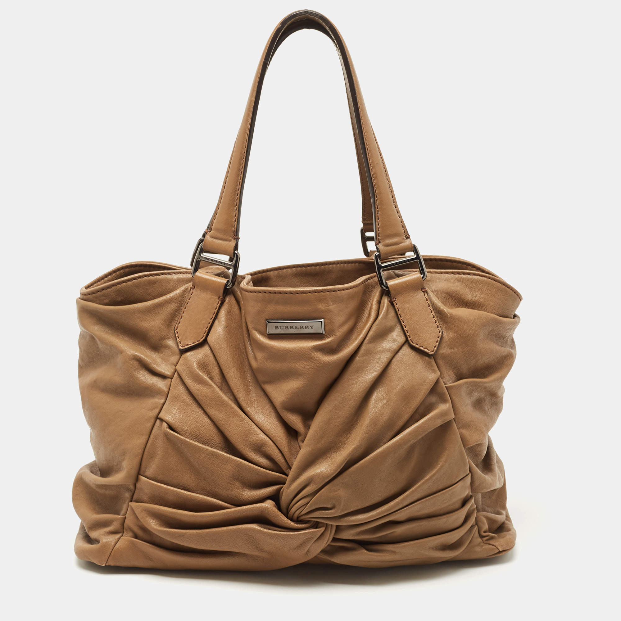 Pre Owned Burberry Tan Pleated Leather Tote