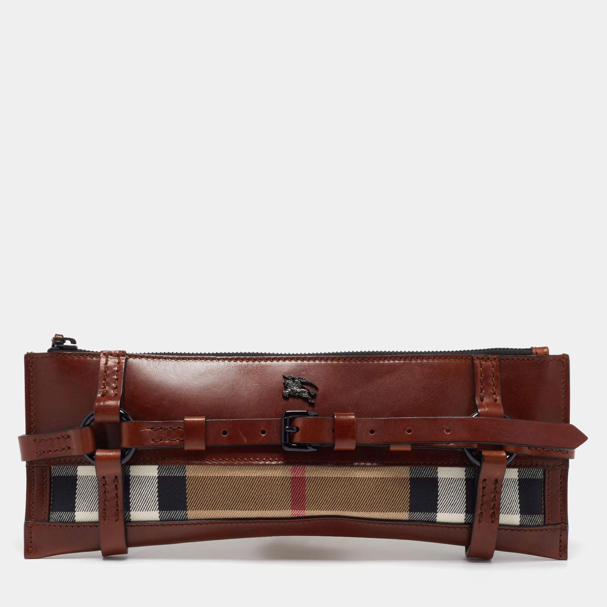 Burberry Brown Leather and House Check Canvas Clutch