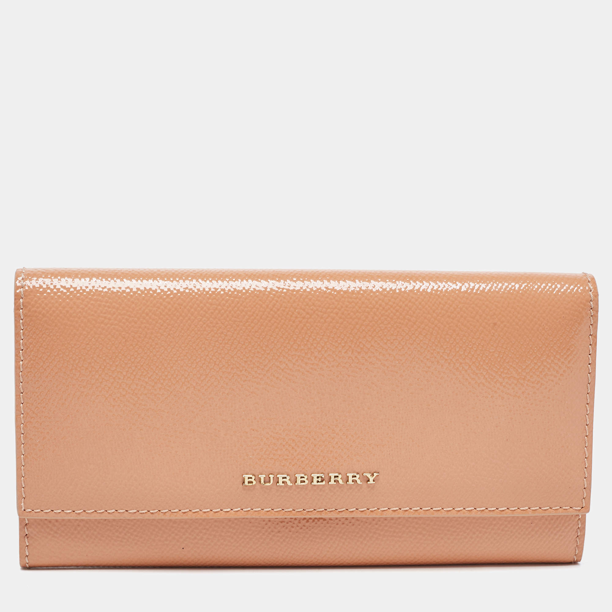 Pre Owned Burberry Coral Patent Leather Flap Continental Wallet