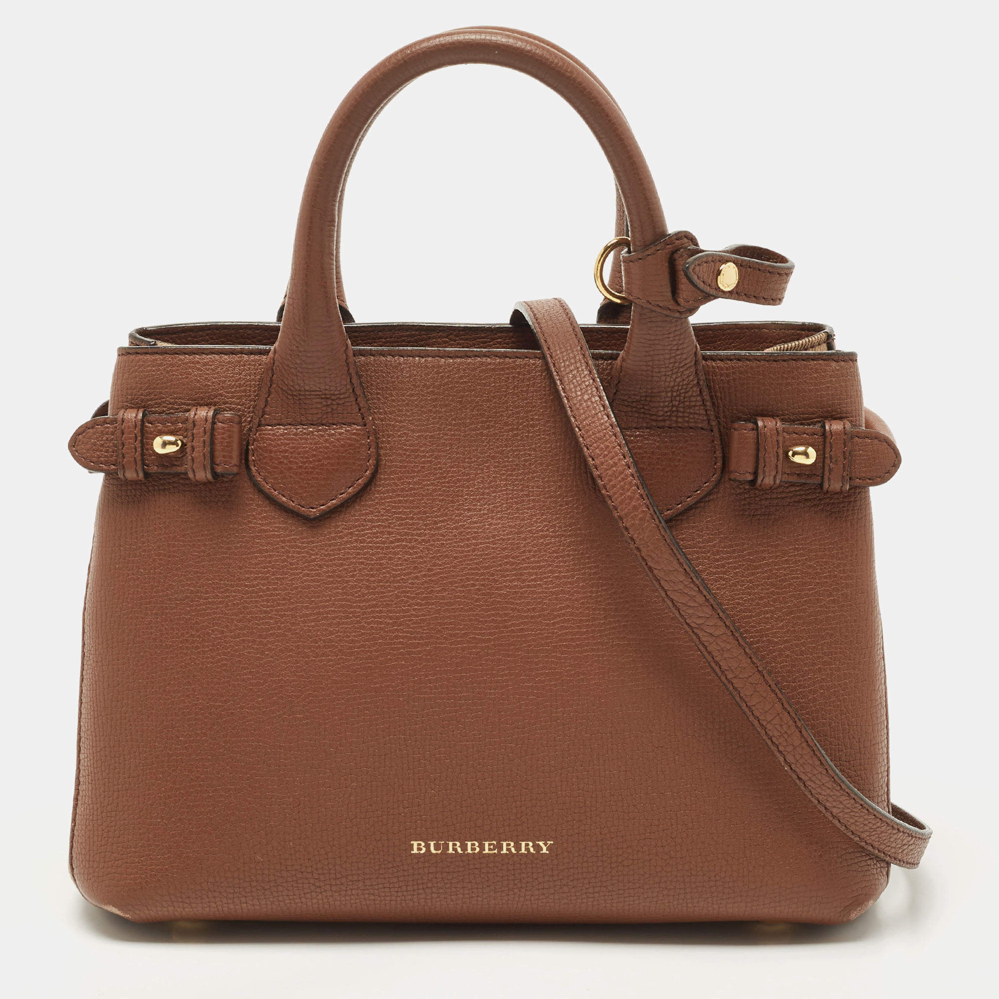 Pre Owned Burberry Brown/Beige House Check Fabric and Leather Small Banner Tote