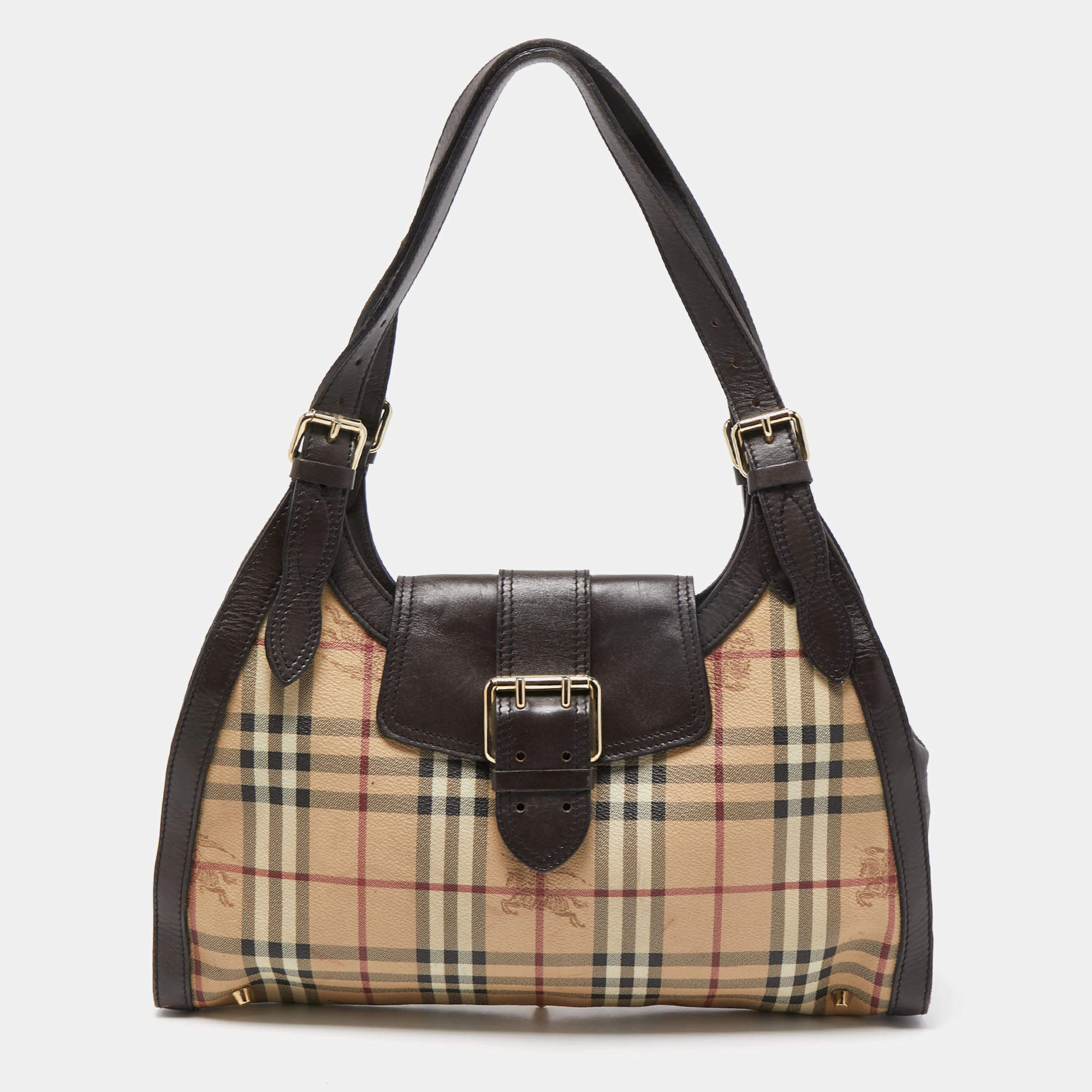 Pre Owned Burberry Brown/Beige Haymarket Check PVC and Leather Buckle Flap Bag