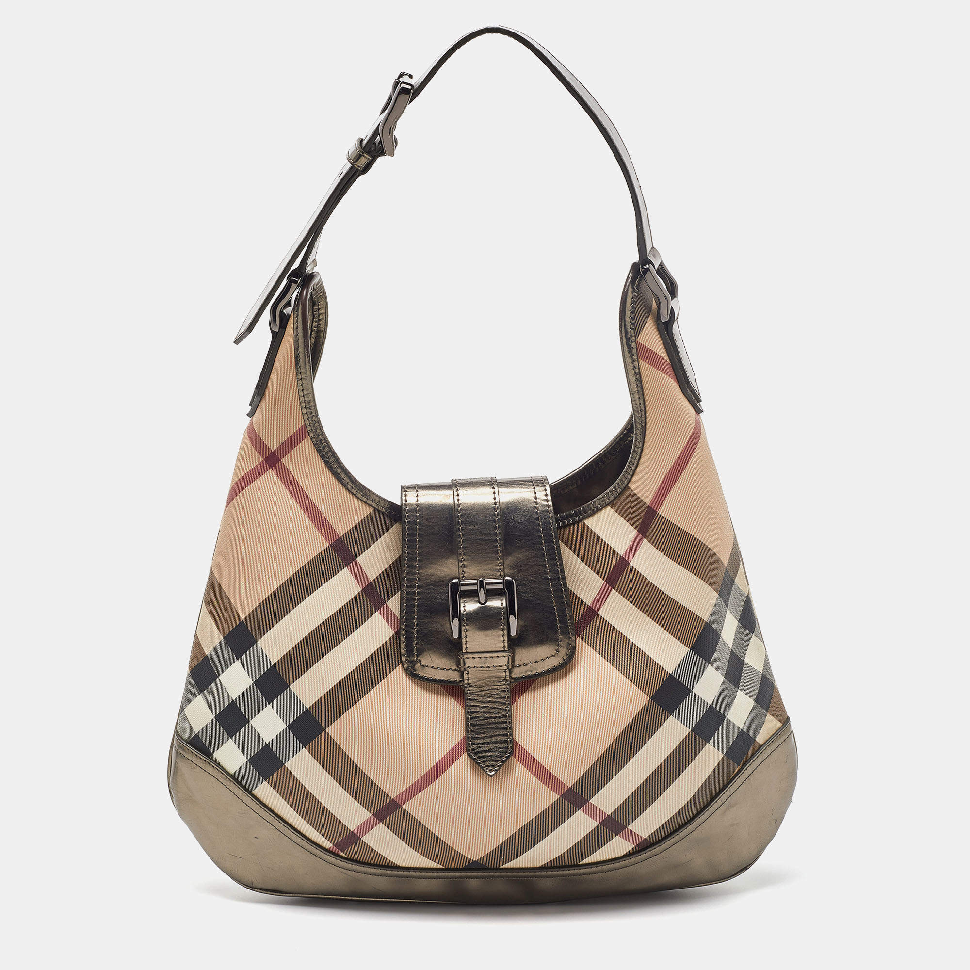 Pre Owned Burberry Metallic/Beige Nova Check PVC and Leather Brooke Hobo