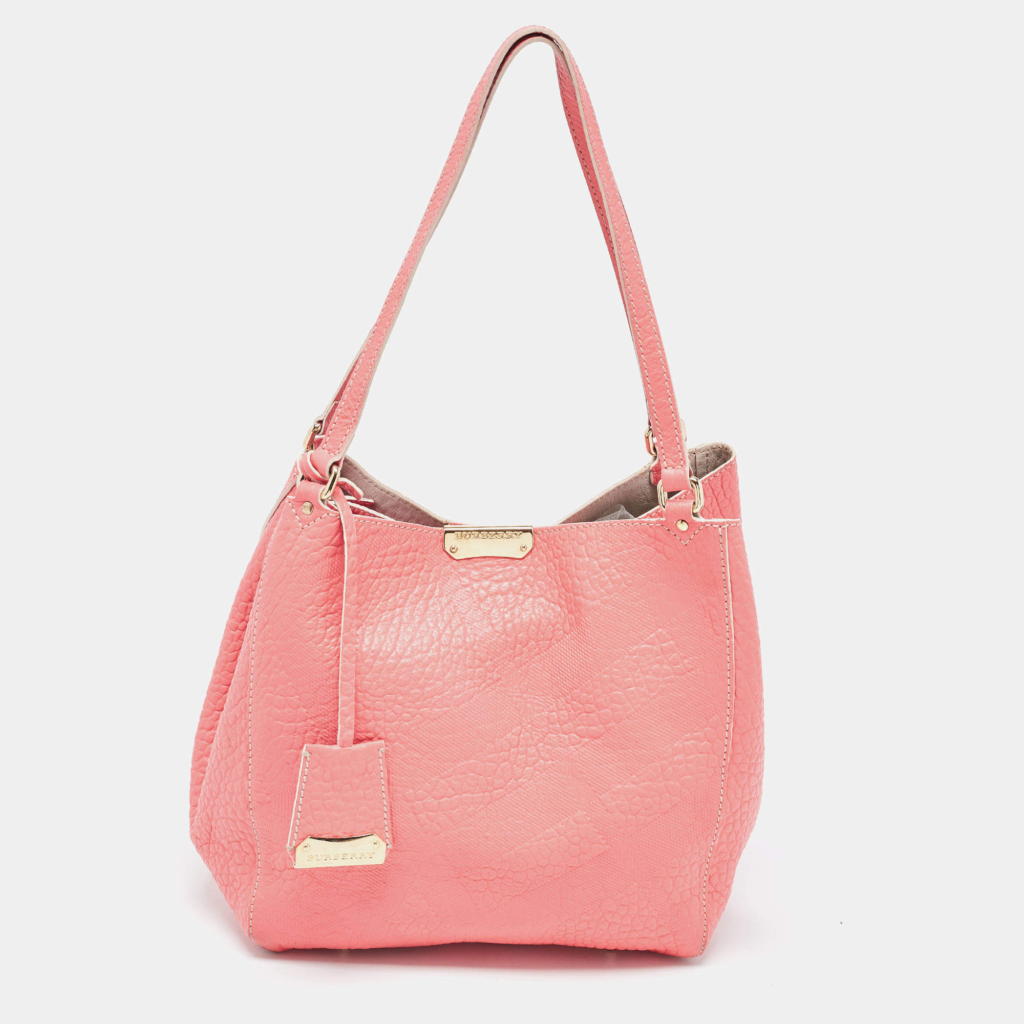 Pre Owned Burberry Peach Leather Canterbury Hobo