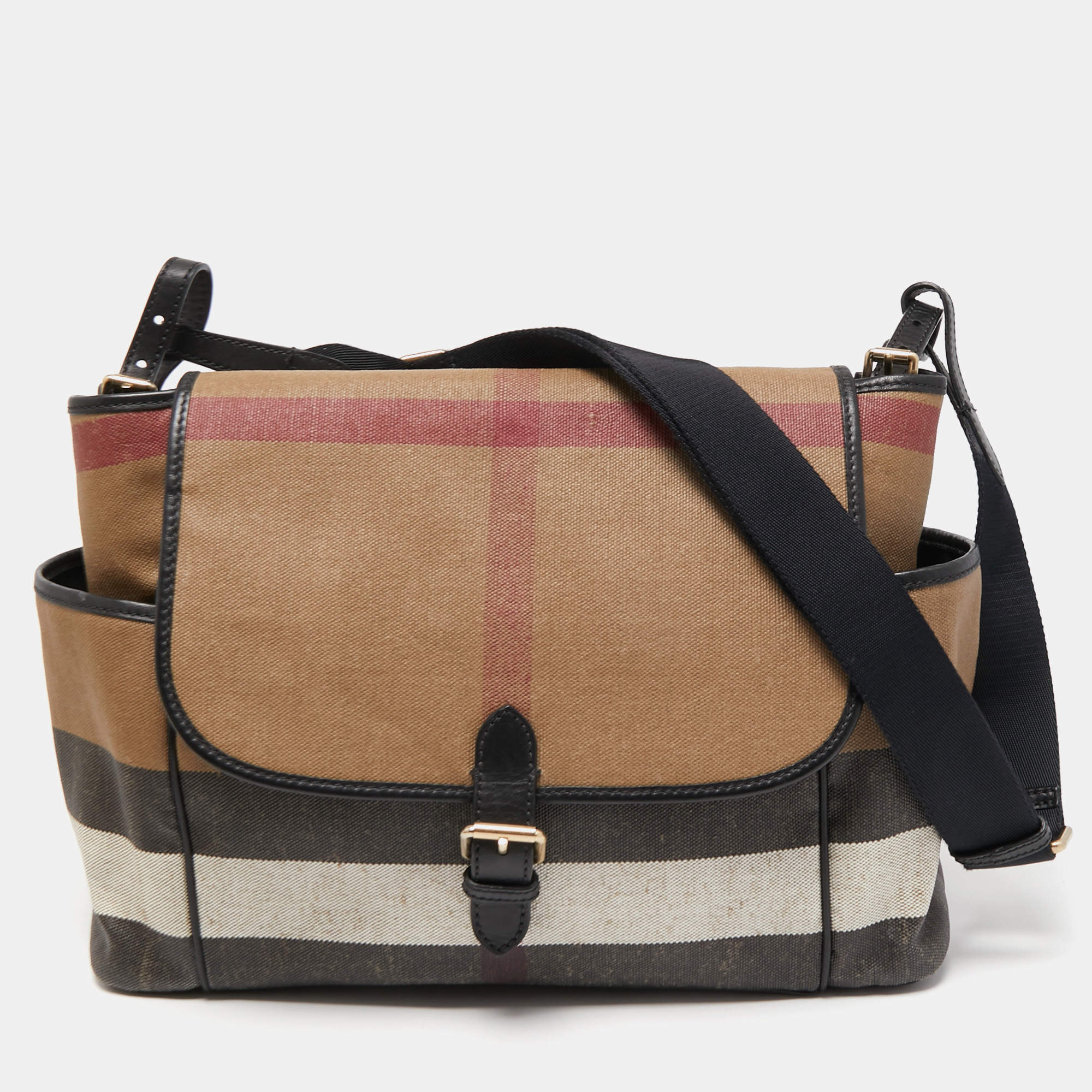Burberry Beige/Black House Check Canvas and Leather Diaper Flap Bag