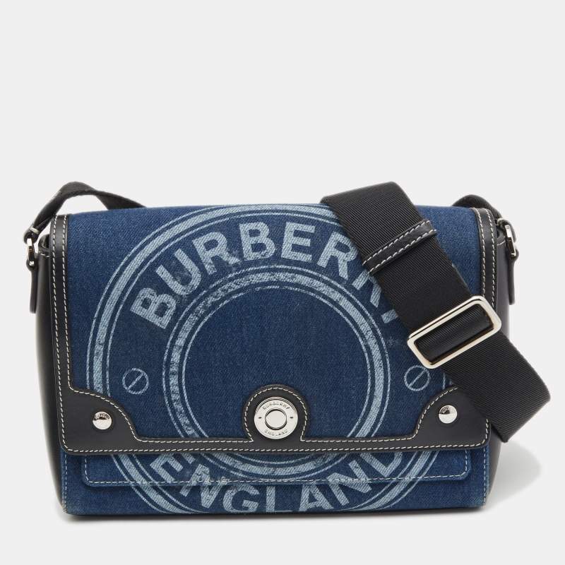 Pre Owned Burberry Blue/Black Denim And Leather Note Logo Print Crossbody Bag