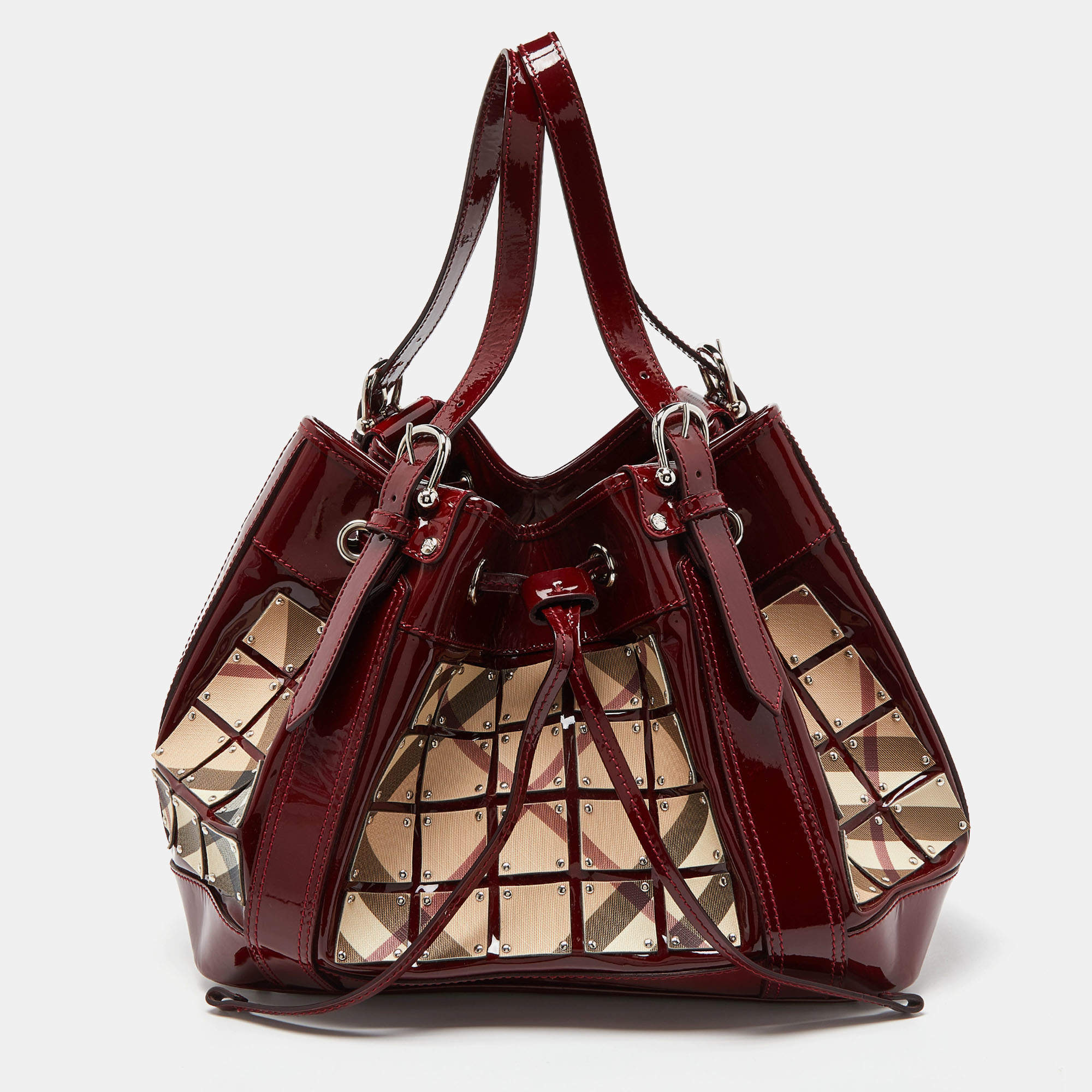 Burberry Red Nova Check Canvas and Patent Leather Large Warrior Armor Hobo