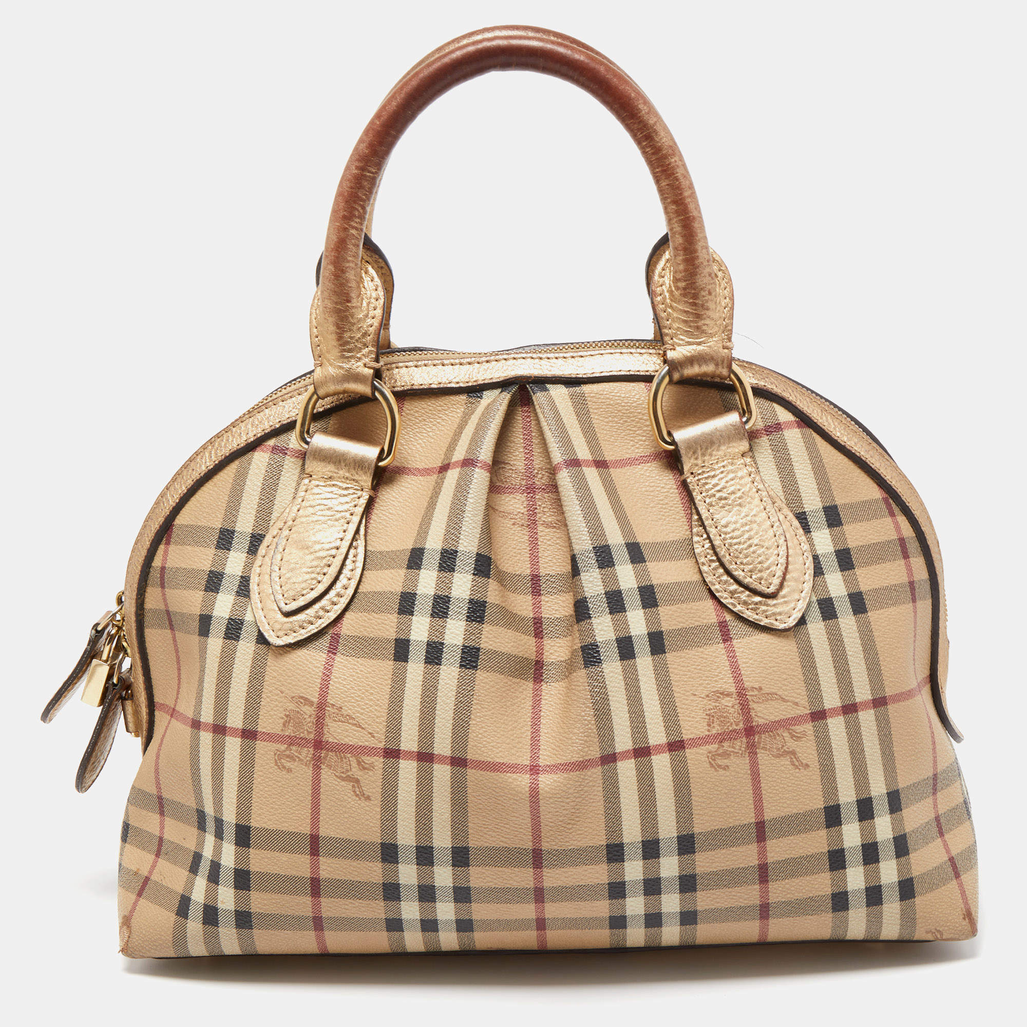 مملوكة مسبقًا Burberry Beige/Dark Brown Haymarket Check PVC and Leather Thornley Satchel