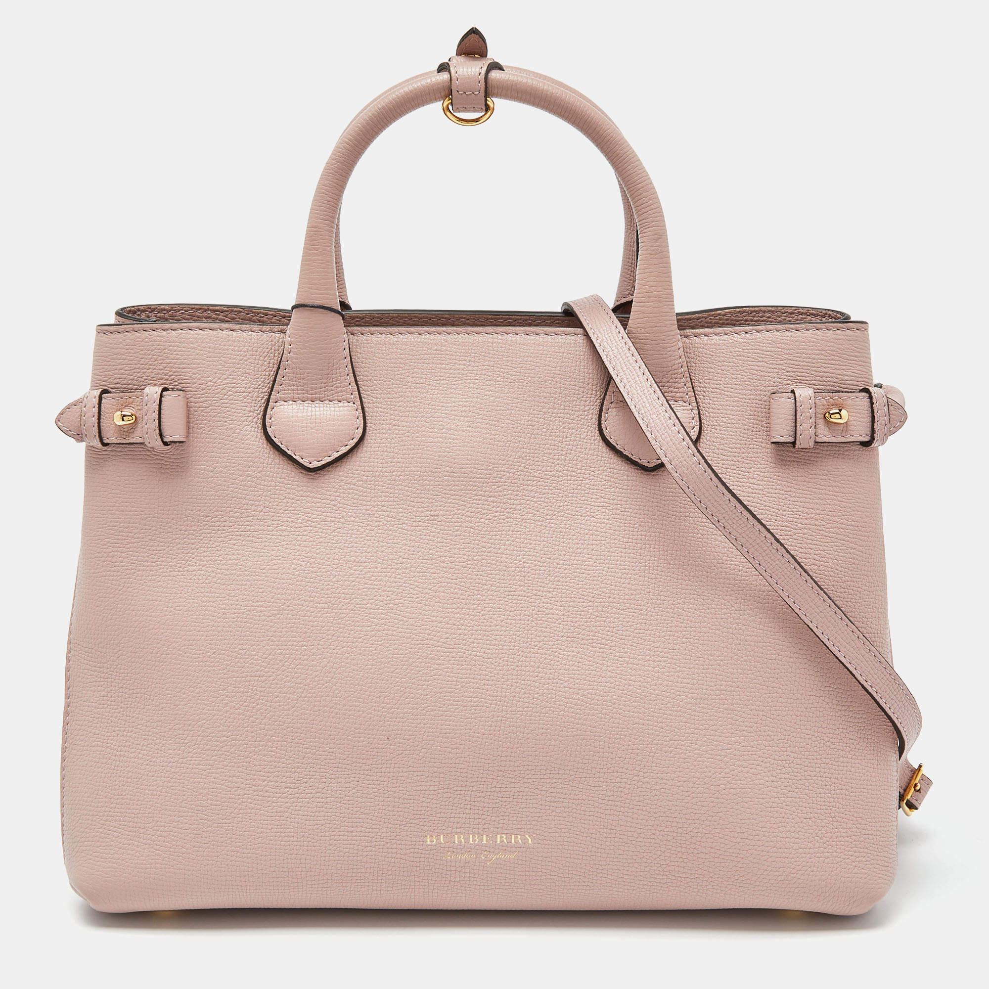 Pre Owned Burberry Pink Leather and House Check Fabric Medium Banner Tote