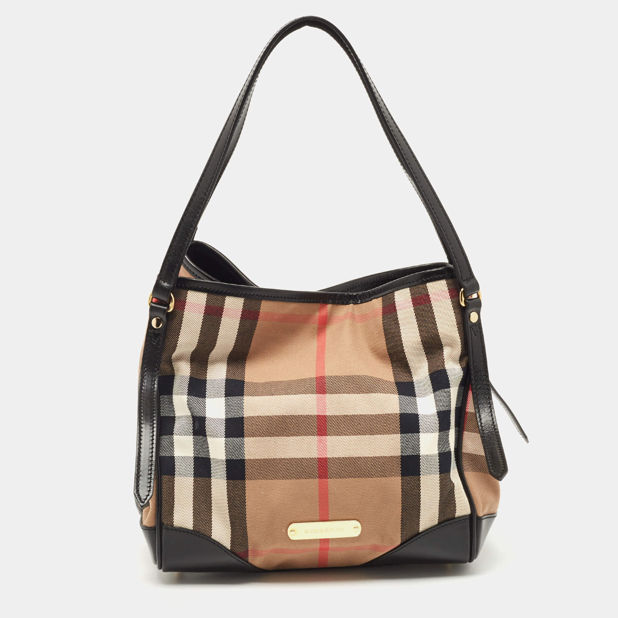 Pre Owned Burberry Black/Beige Leather and House Check Fabric Small Canterbury Tote
